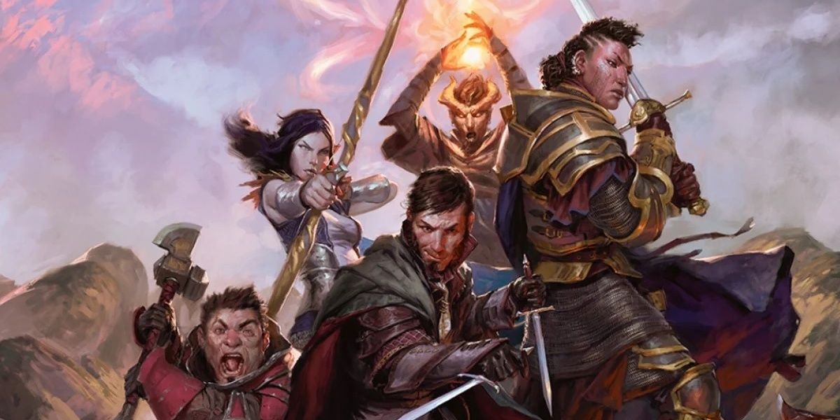 Dragones y mazmorras: un lanzador tifling, un luchador humano, un clérigo halfling pícaro y un guardabosques elfo juntos, listos para luchar - Guía del aventurero de Sword Coast por Tyler Jacobson