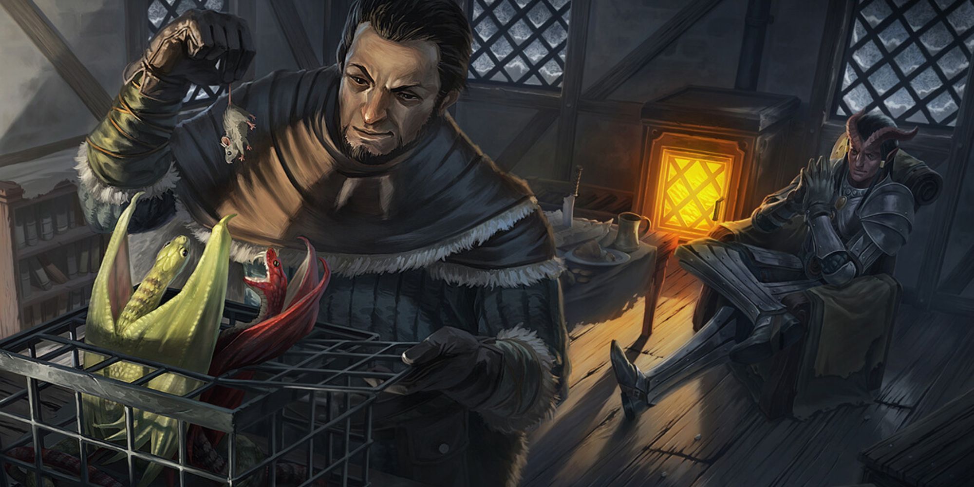 Obra de arte de D&D de Naerth Maxildanarr alimentando monstruos como mascotas cerca de una chimenea
