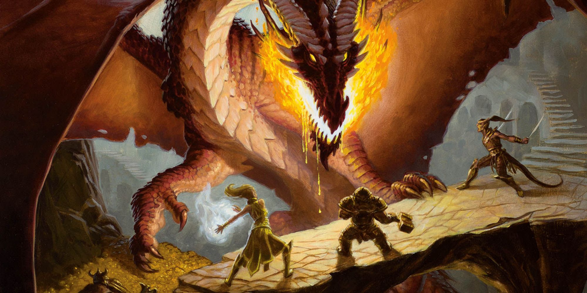 Cuatro personajes de Dragones y Mazmorras luchando contra un dragón.