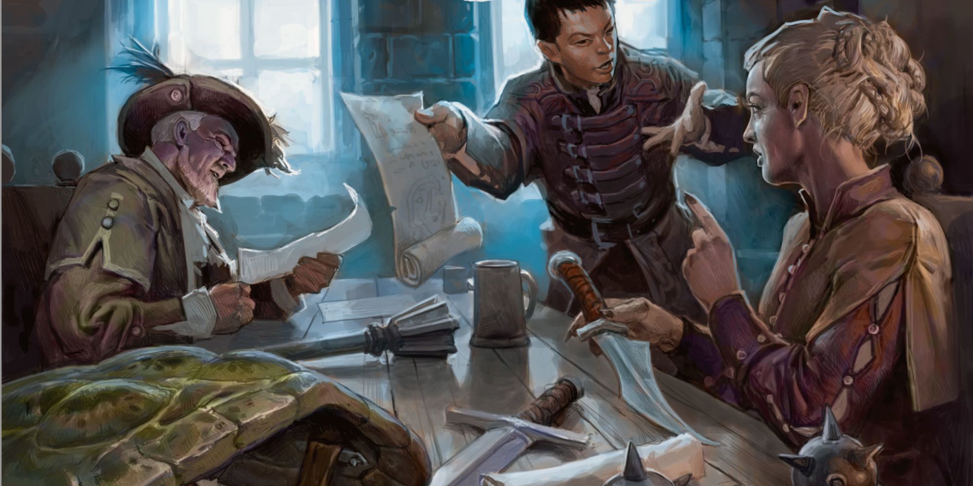 Tres personas sentadas alrededor de una mesa, una sosteniendo un cuchillo y las otras dos sosteniendo un pergamino en DND