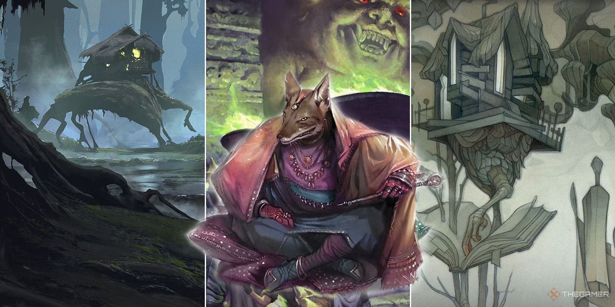 Collage de Dungeons & Dragons que muestra diferentes lugares en Hades con un Arcanaloth en el medio.