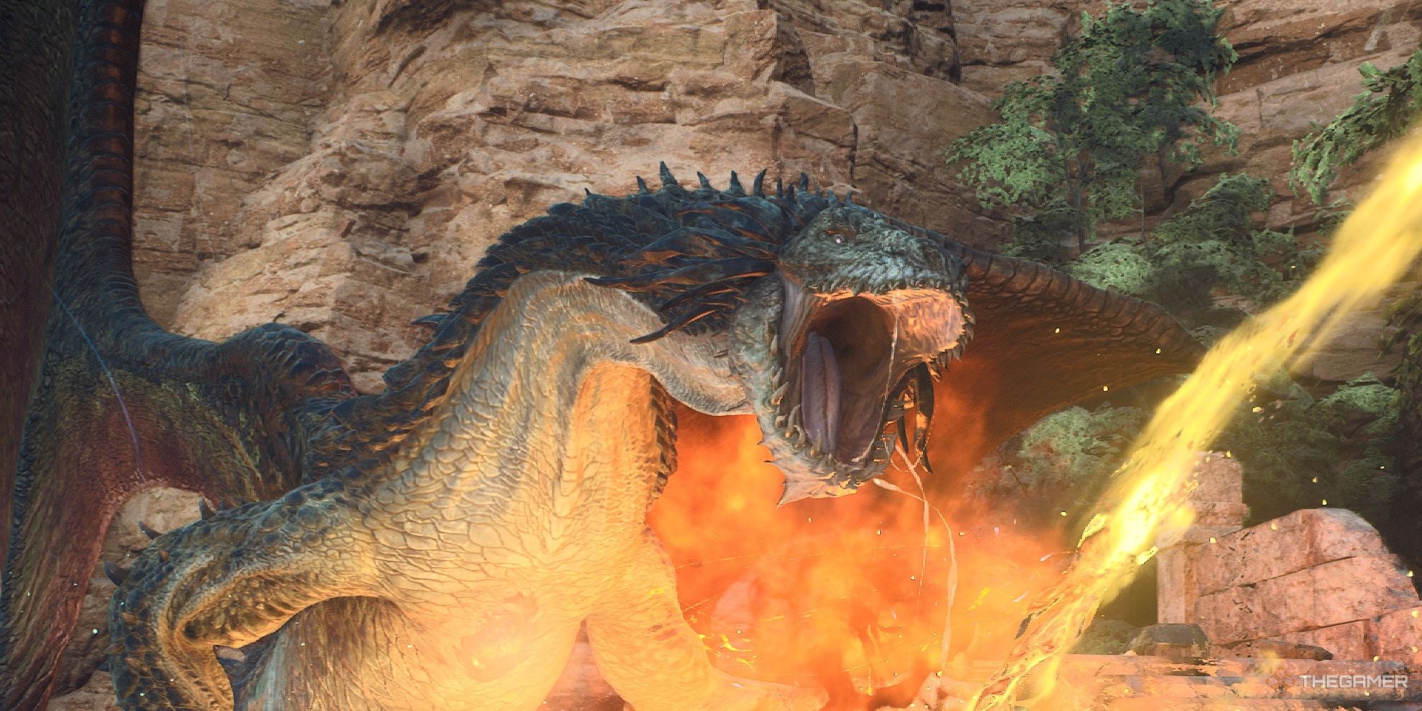 Un Drake ruge con fuego explotando detrás de él en Dragon's Dogma 2.