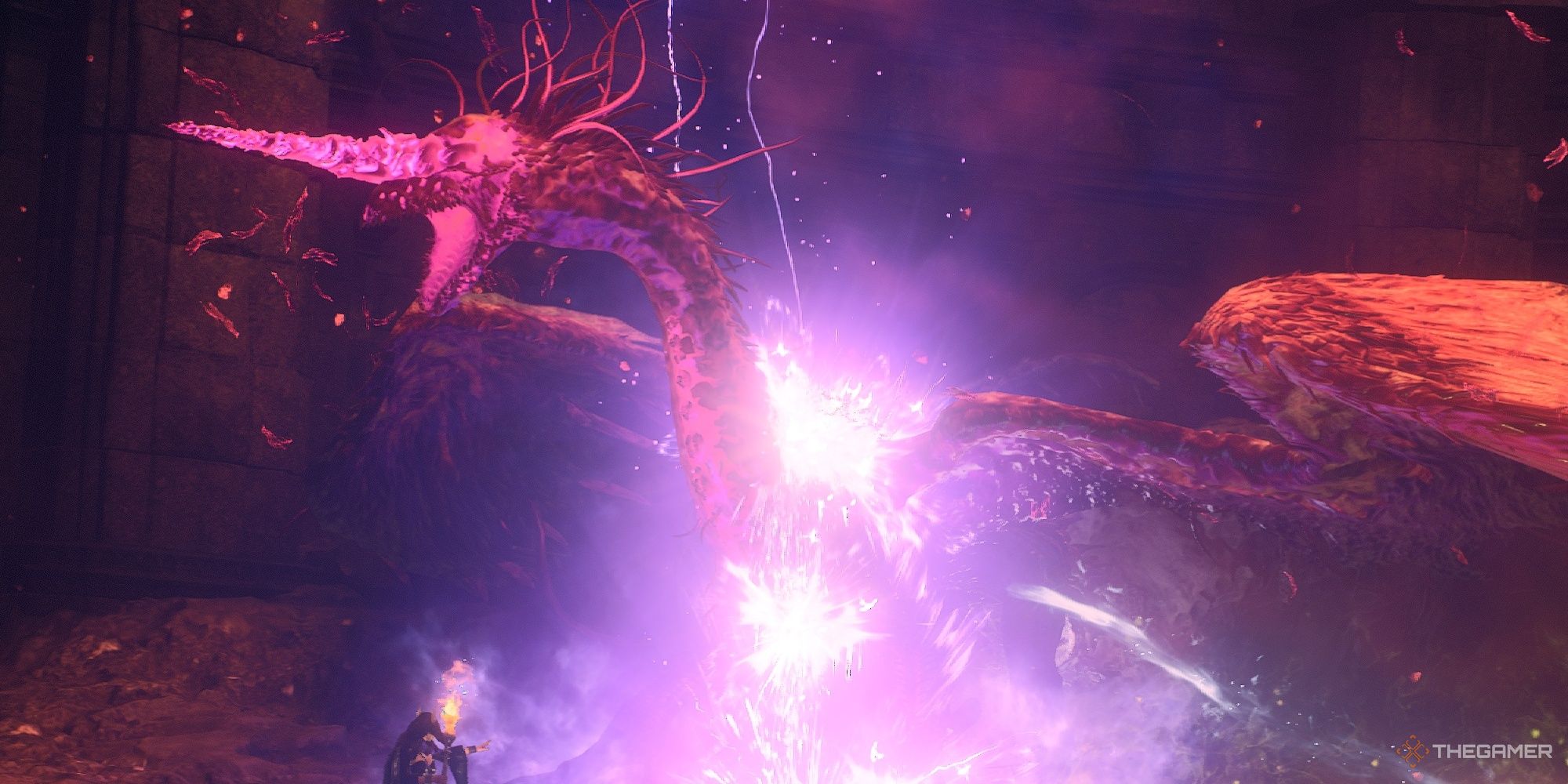 El Dragón Purgener en Vernworth siendo atacado en Dragon's Dogma 2.