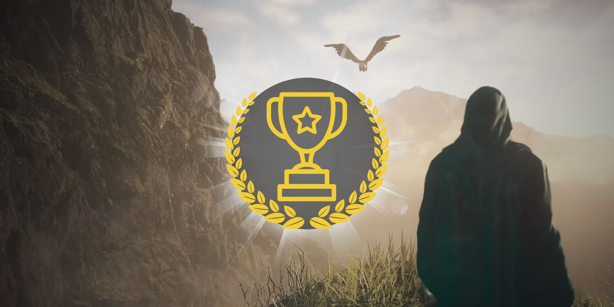 Trofeo con marco de hojas delante de la figura encapuchada y Griffin de Dragon's Dogma 2