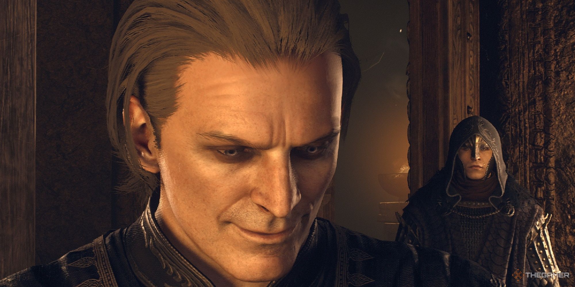 Ambrosius mirando su trabajo con The Arisen detrás de él en Dragon's Dogma 2.