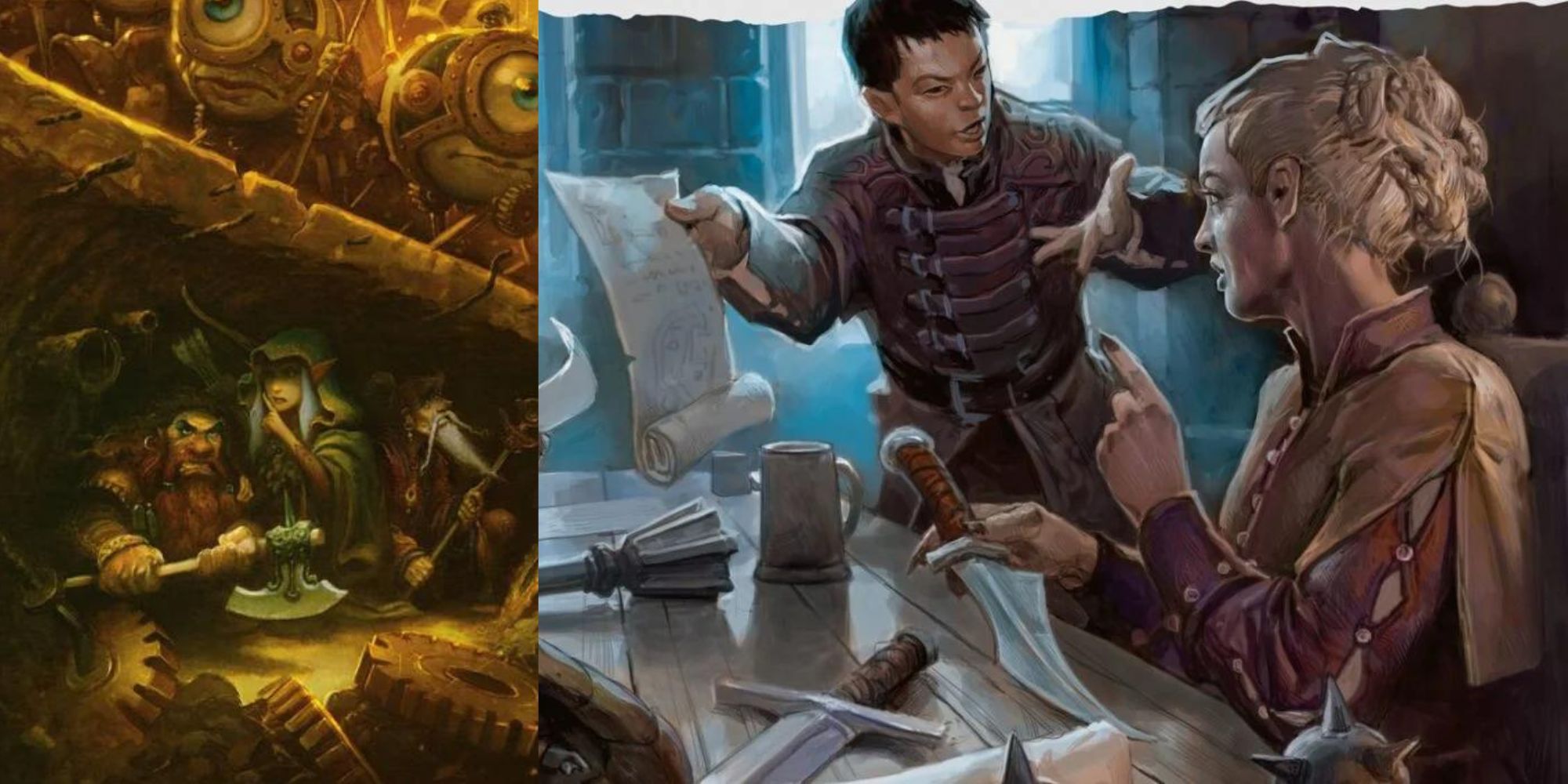 Imagen dividida de personajes de D&D discutiendo alrededor de una mesa y escondiéndose de los modrones.