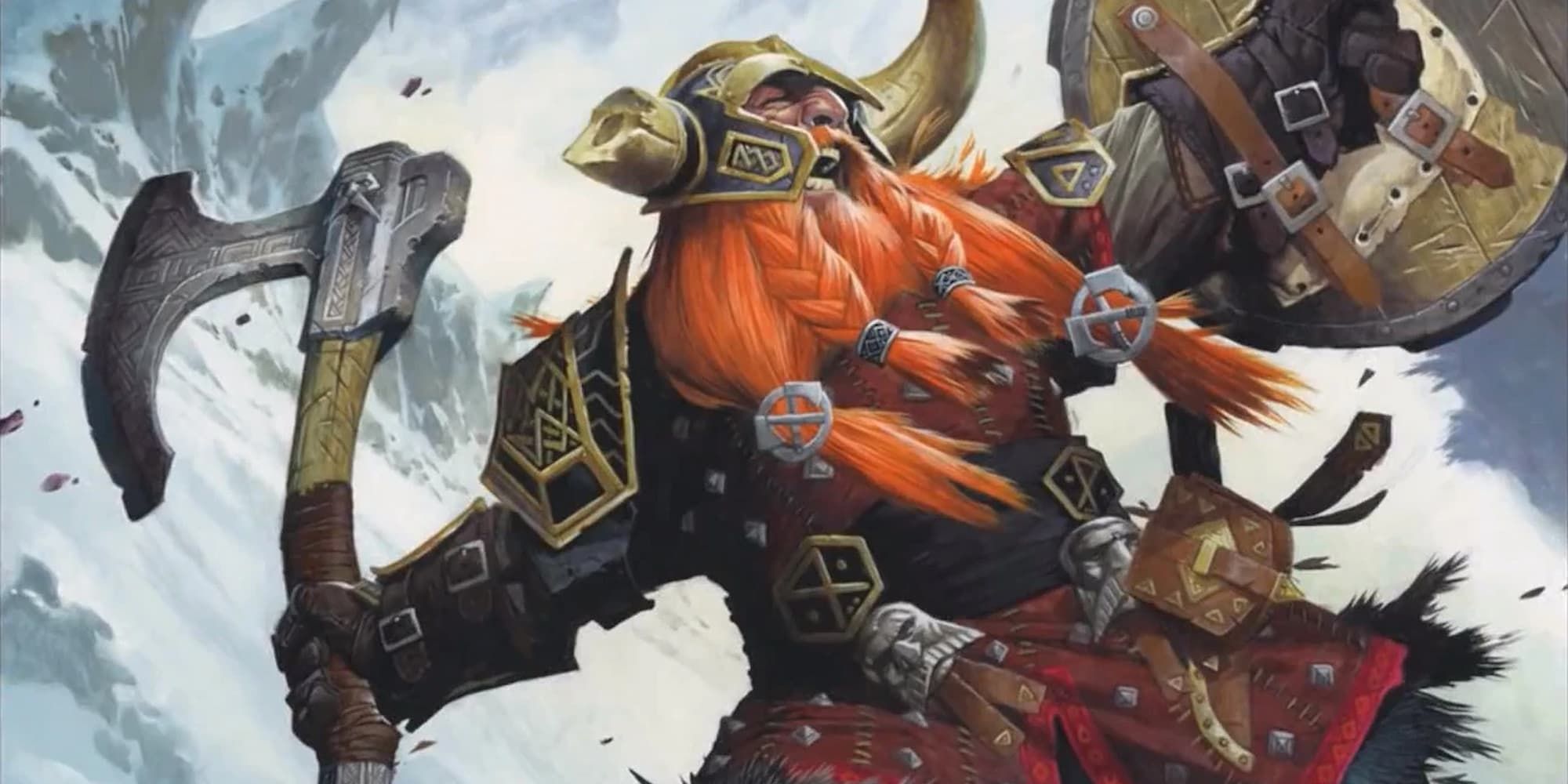 Bruenor Battlehammer empuñando un escudo y un hacha con una expresión de rabia mientras se encuentra en una montaña nevada.