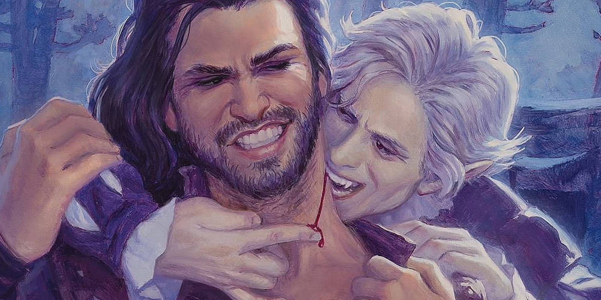 Un vampiro muerde el cuello de un hombre humano