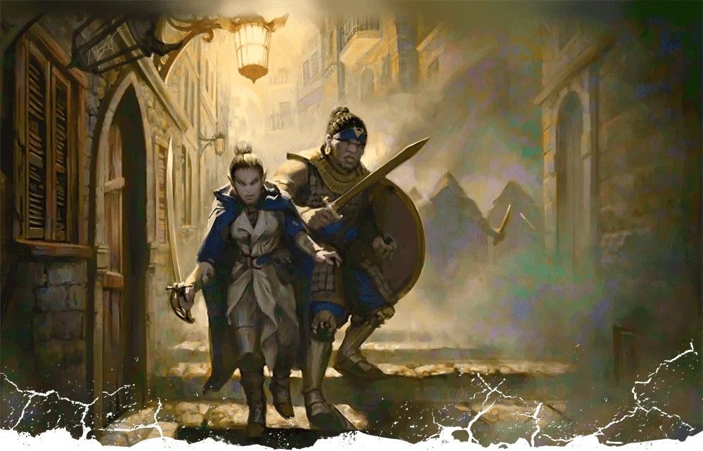 Dos aventureros caminan con cuidado por los brumosos distritos de Baldur's Gate.  Los atacantes encapuchados observan desde lejos