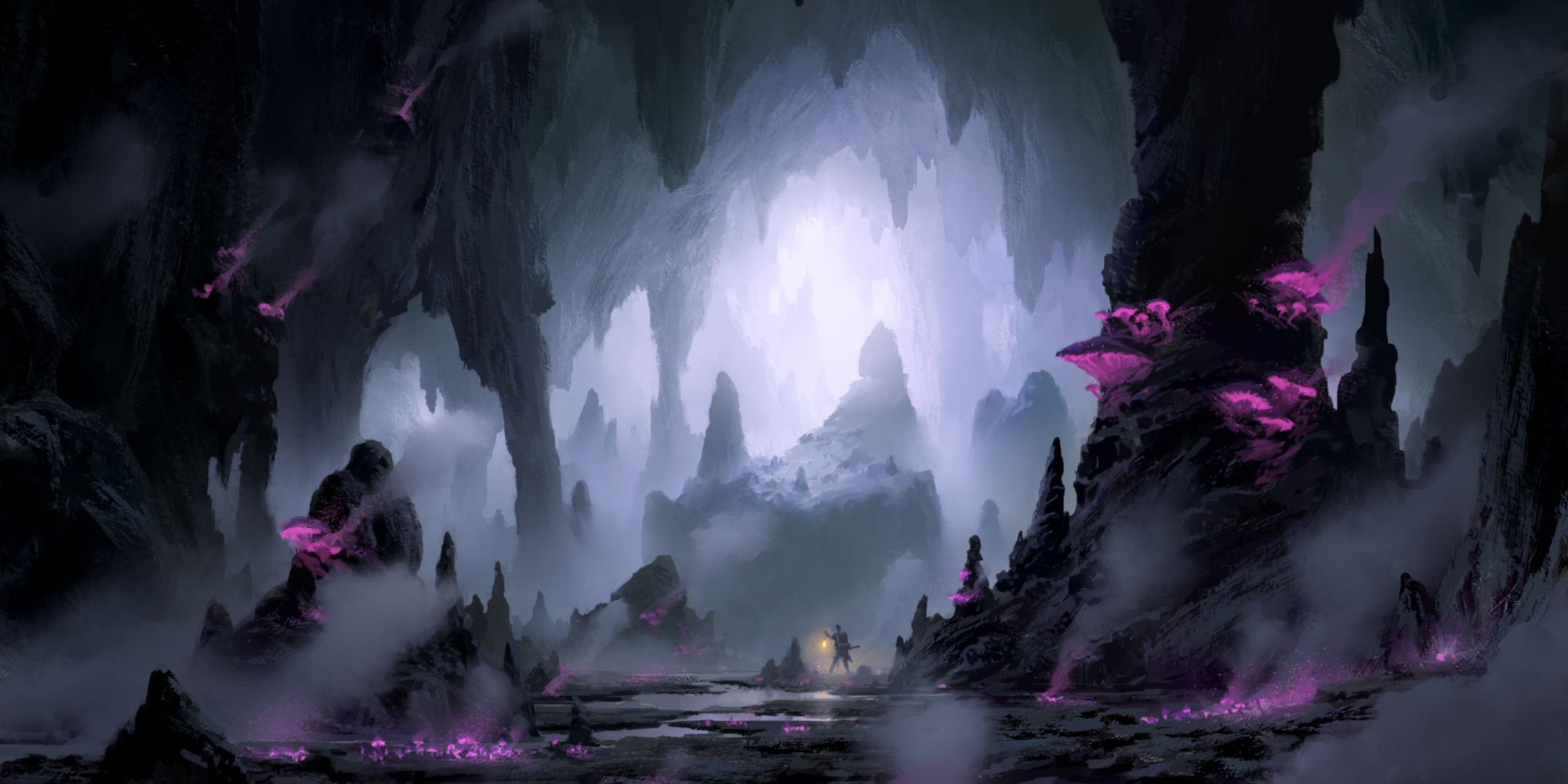 Cueva del pantano de los reinos olvidados con hongos de color púrpura brillante Pantano de Piotr Dura