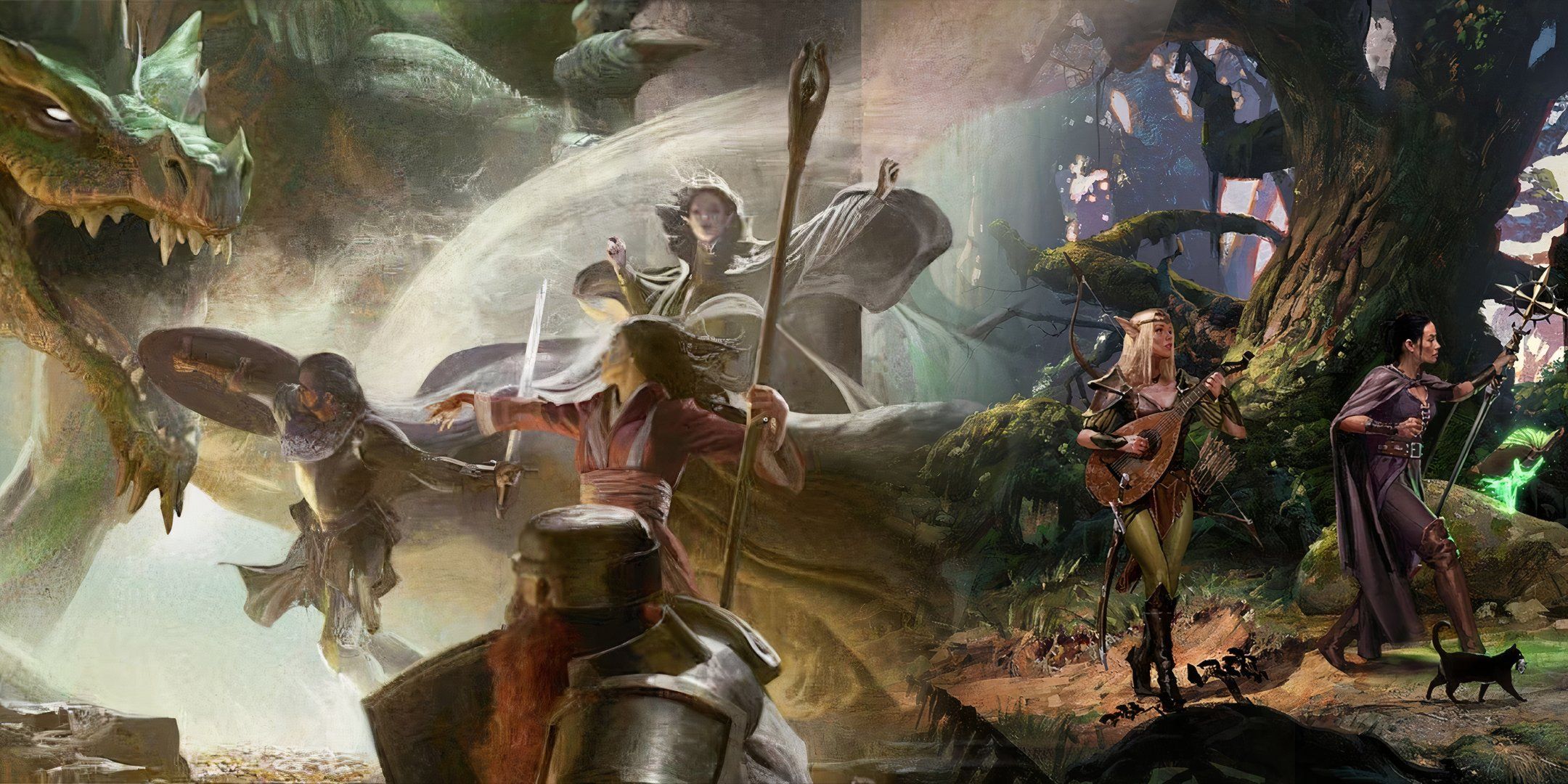 Una imagen dividida entre un grupo de aventureros que luchan contra un dragón verde y otro grupo que explora un bosque.