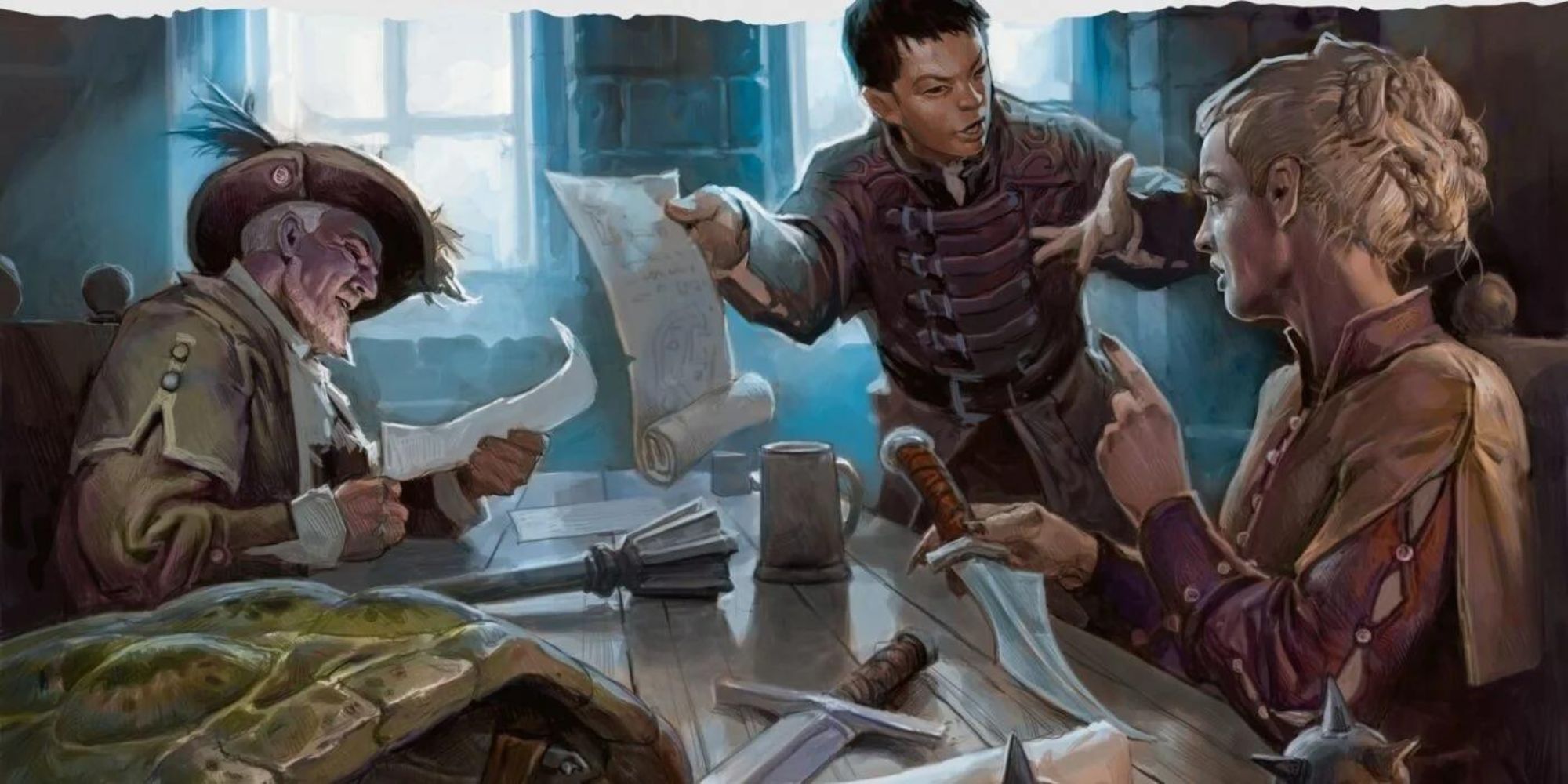 Varios personajes alrededor de la mesa leen notas y hacen planes.