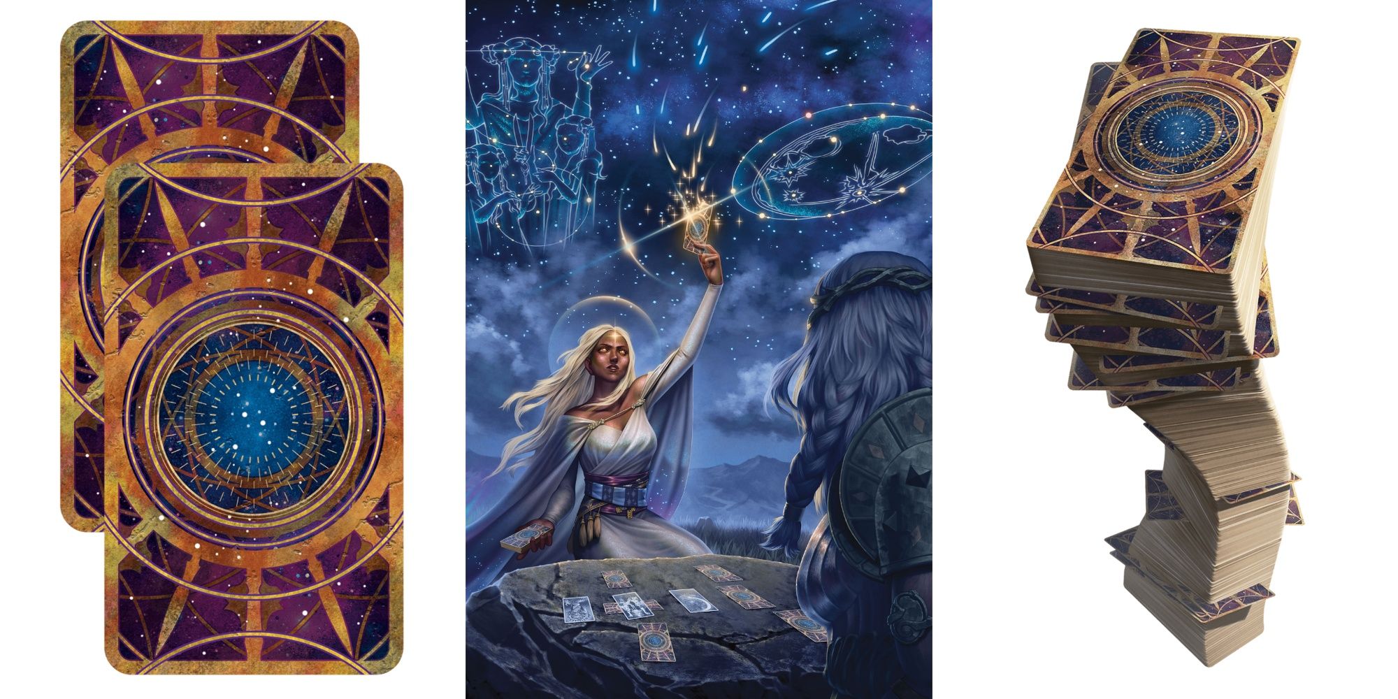 Mazo DNd de muchas cosas, cartas y un personaje usándolos uno al lado del otro.
