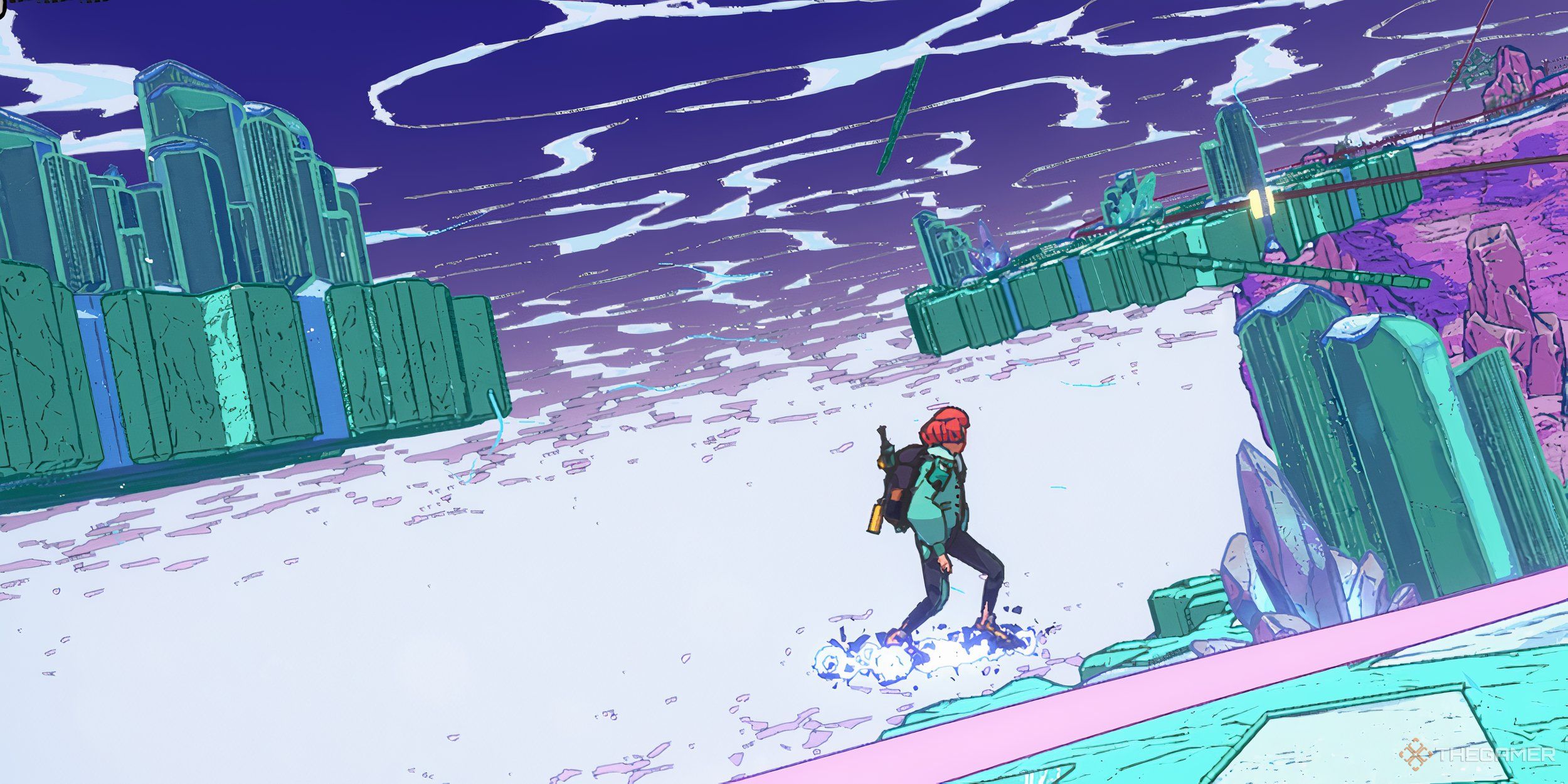 Luisa haciendo hoverboard sobre la cumbre nevada.