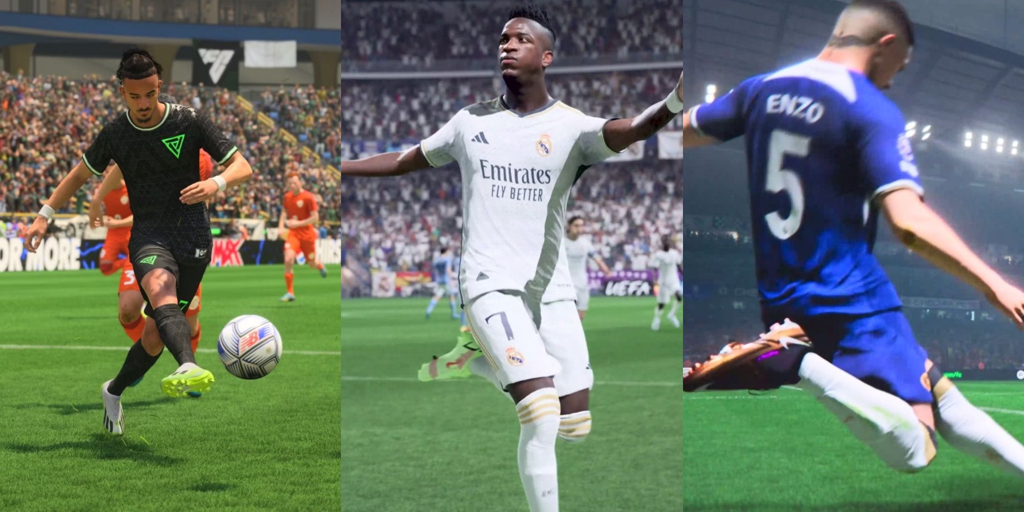 Una imagen dividida de Gusto, Vinicius y Enzo Fernández disparando en EA Sports FC 24.