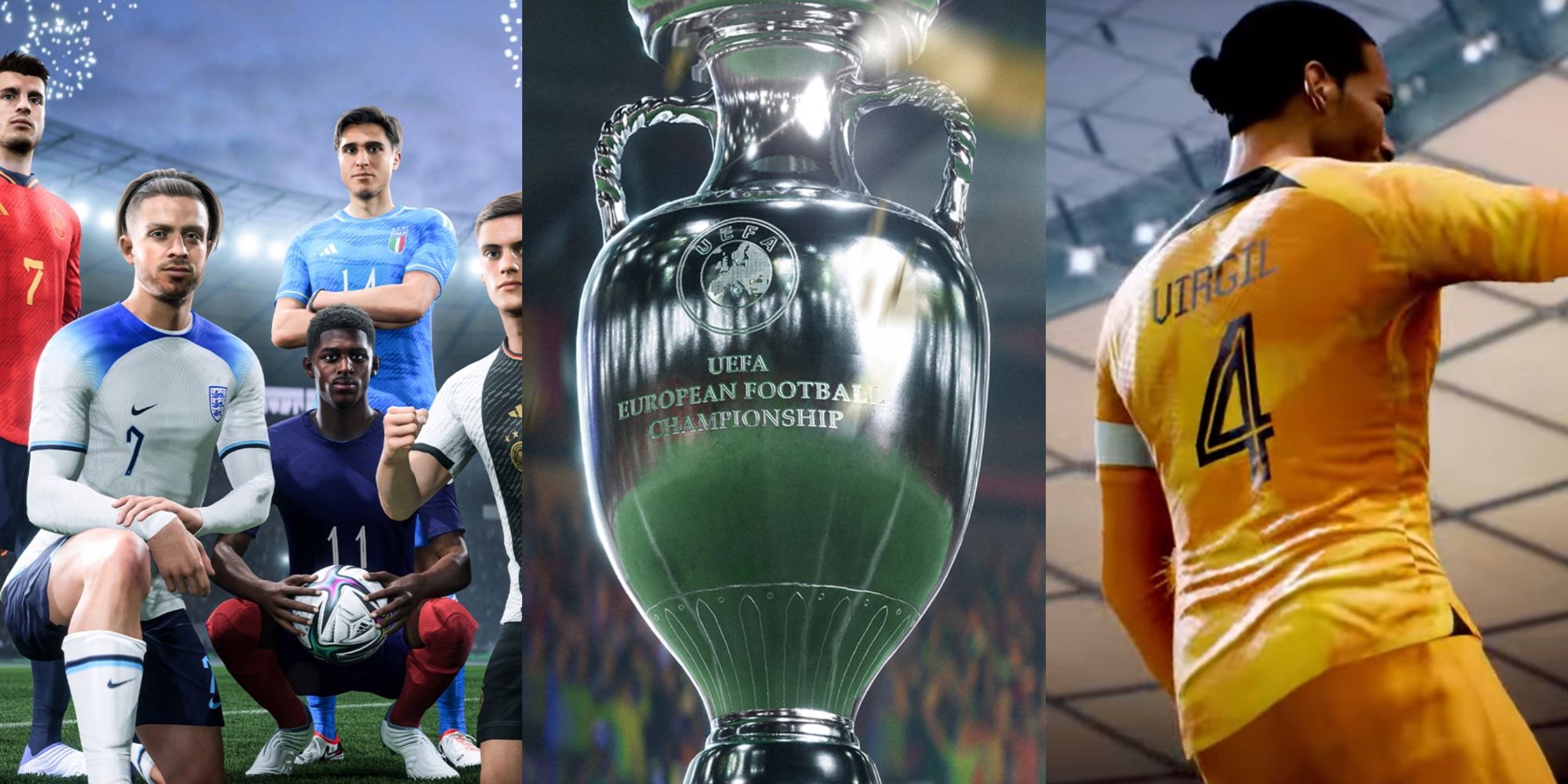Una imagen dividida de Jack Grealish, Ousmane Dembélé, Álvaro Morata, Virgil Van Dijk, Federico Chiesa y el trofeo de la UEFA EURO en EASFC 24.