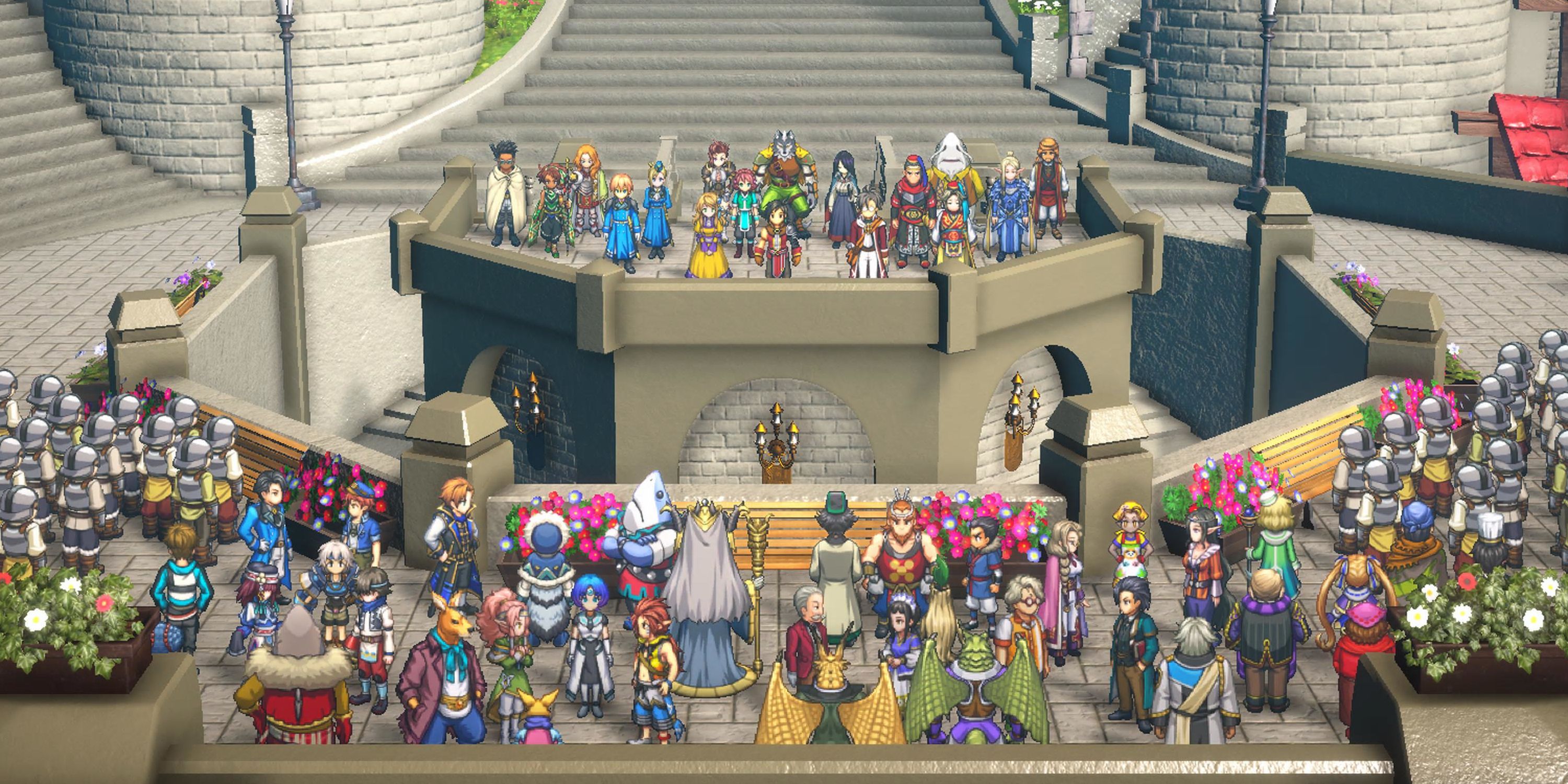 Eiyuden Chronicle Cien Héroes, Todos reunidos en la plaza del pueblo.