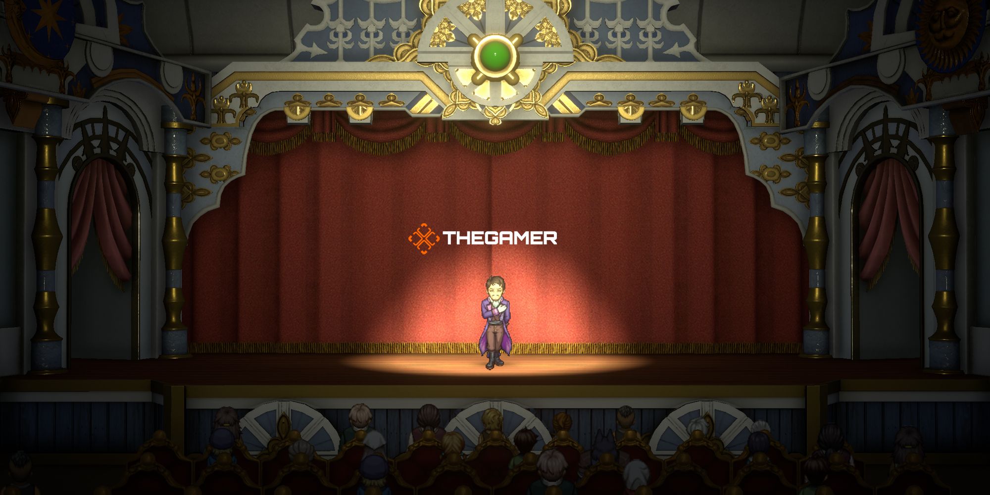 Imagen destacada del empresario Clarke presentando una obra de teatro en Eiyuden Chronicle