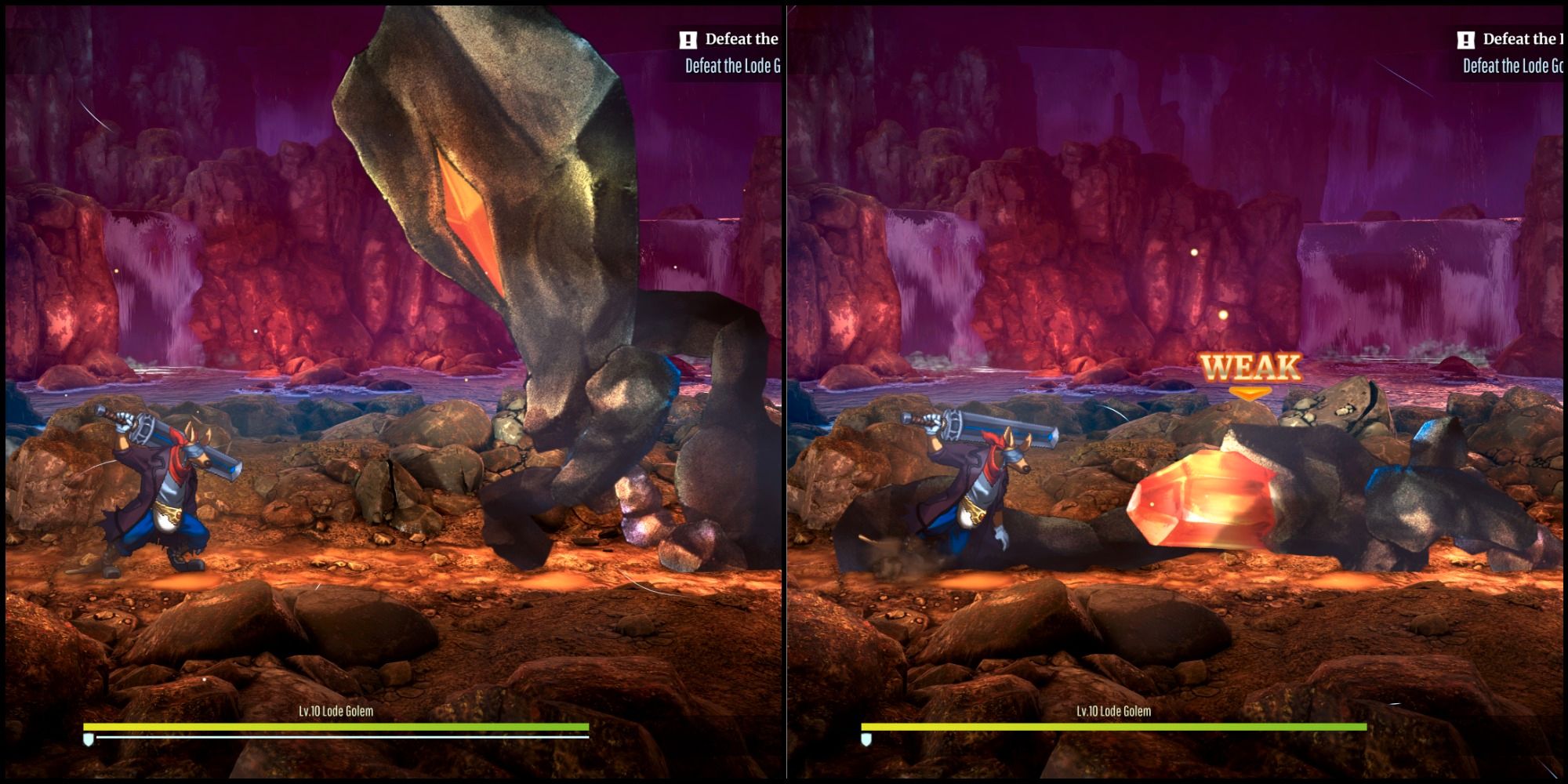A split image of Lode Golem showing it walking and exposing its core.