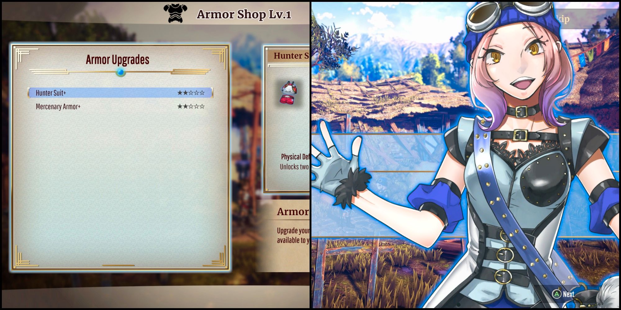 A split image of the Armor Shop menu and Frida's character screen.