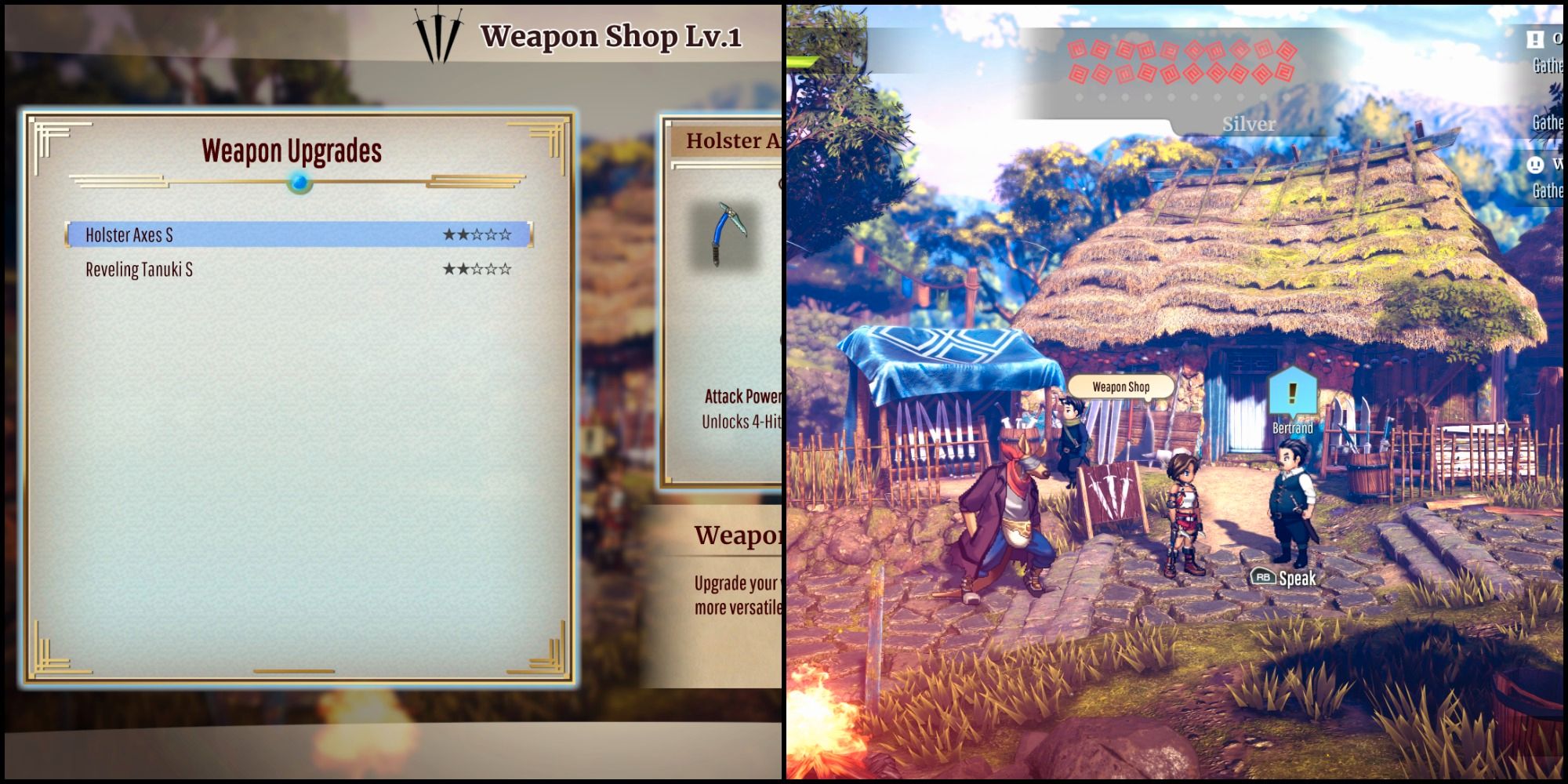 A split image of the weapon upgrades at the shop on the left and Bertrand on the right.
