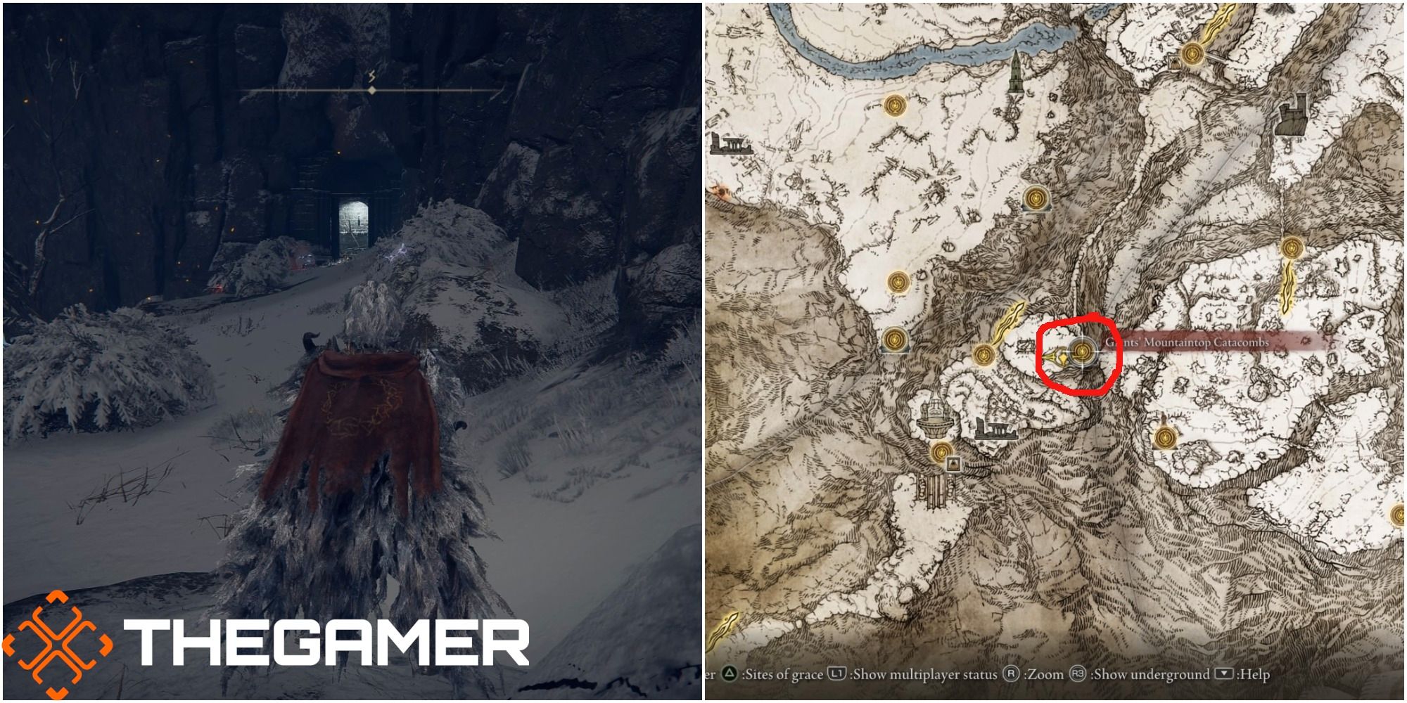 Split image of the Giants Mountaintop Catacombs entrance and the map.