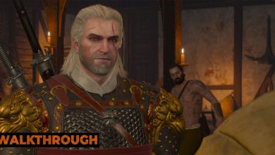 Geralt, wearing ornate red and gold armor, looks angrily at a man wearing yellow in The Witcher 3.