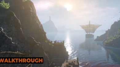 A ship sails out into the sunset from a bay in Skellige.