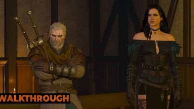Geralt and Yennefer wait anxiously outside a room in a Novigrad building.