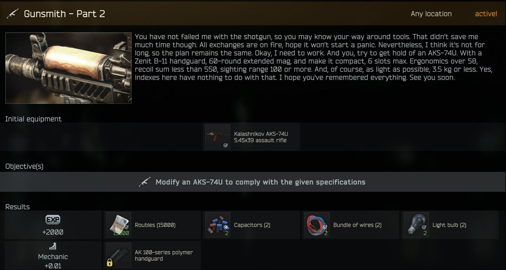Descripción de la tarea del armero parte 2 en Escape from Tarkov