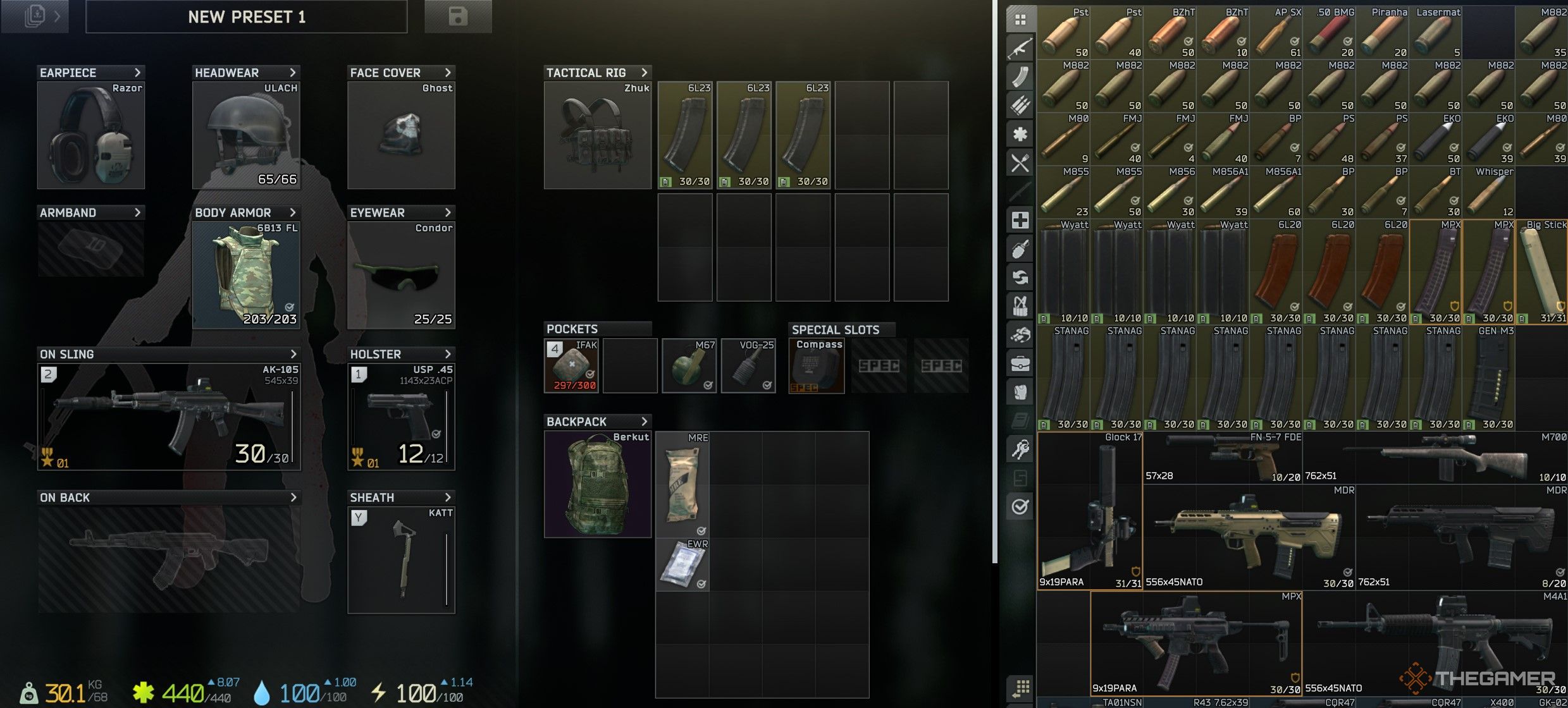 Pantalla de equipamiento de Tarkov
