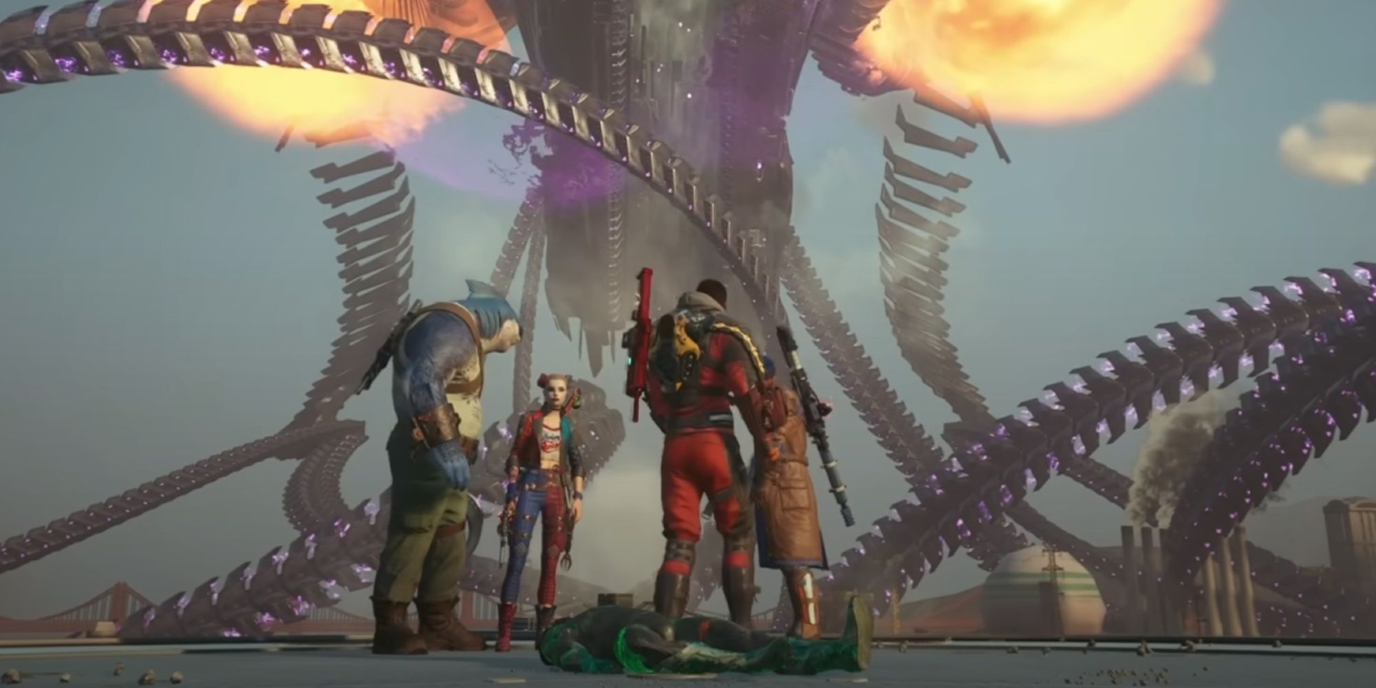 Los miembros del Task Force X parados alrededor del cuerpo de Green Lantern con el gigante Skull Ship y sus tentáculos detrás de ellos.