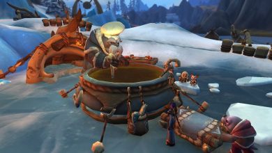 Eating from the communal soup pot in Iskaara in World of Warcraft.