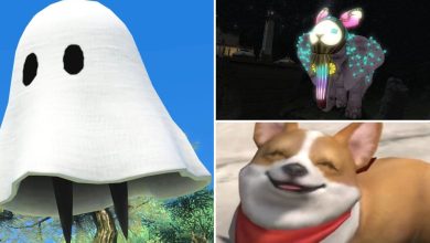 A collage showcasing Minions and Mounts from Final Fantasy 14's Patch 6.3. The box on the left is Mama Automaton from the Nier Reincarnation Mobile Game, the box at the top right is Pinky, a Pink Elephant with a bunny helmet and flashy lights. The bottom right box is a Corgi happily smiling a basking in the sun.