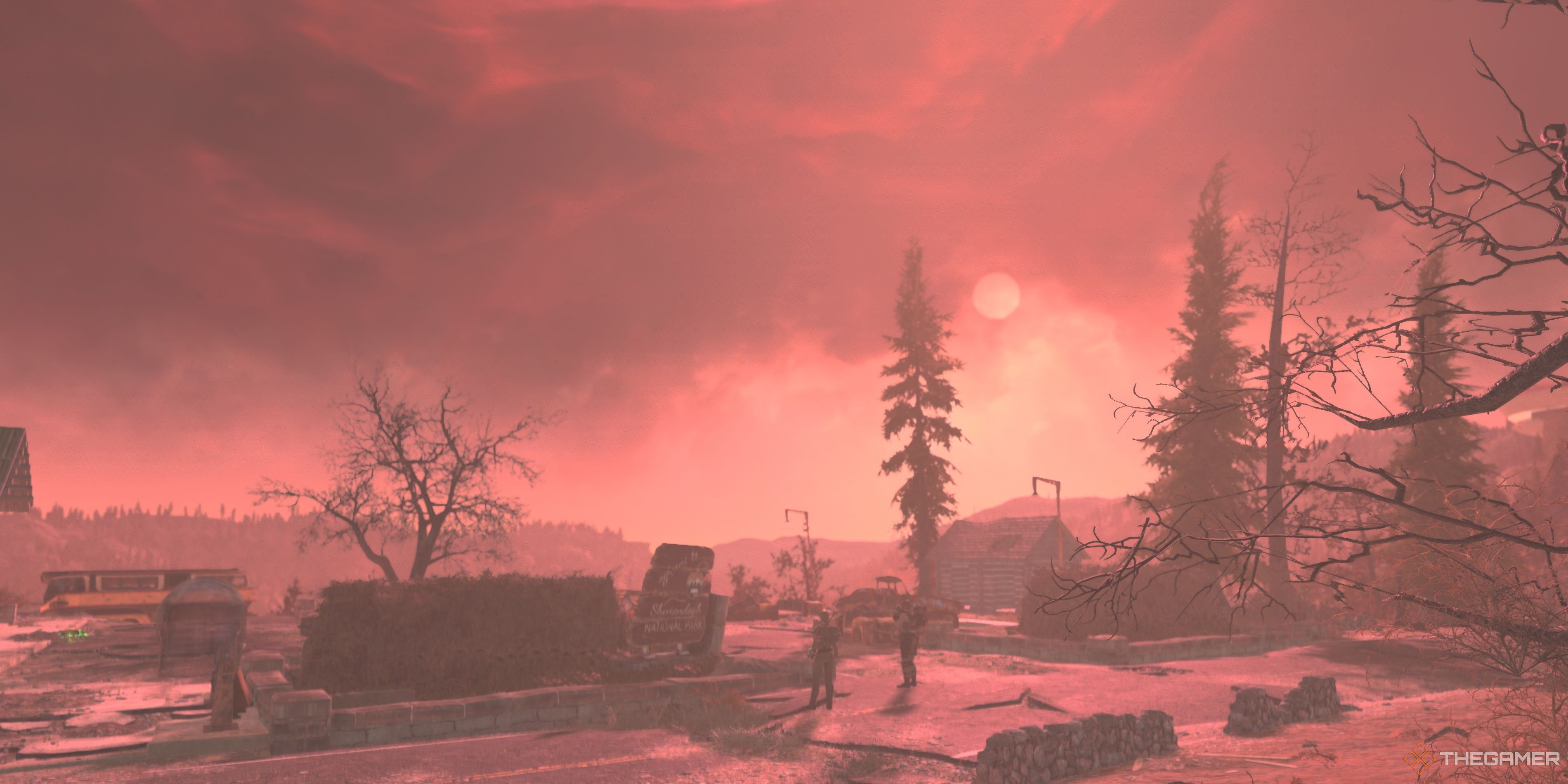 El cielo rojo del Skyline Valley durante la misión Into Lands Unknown en Fallout 76.