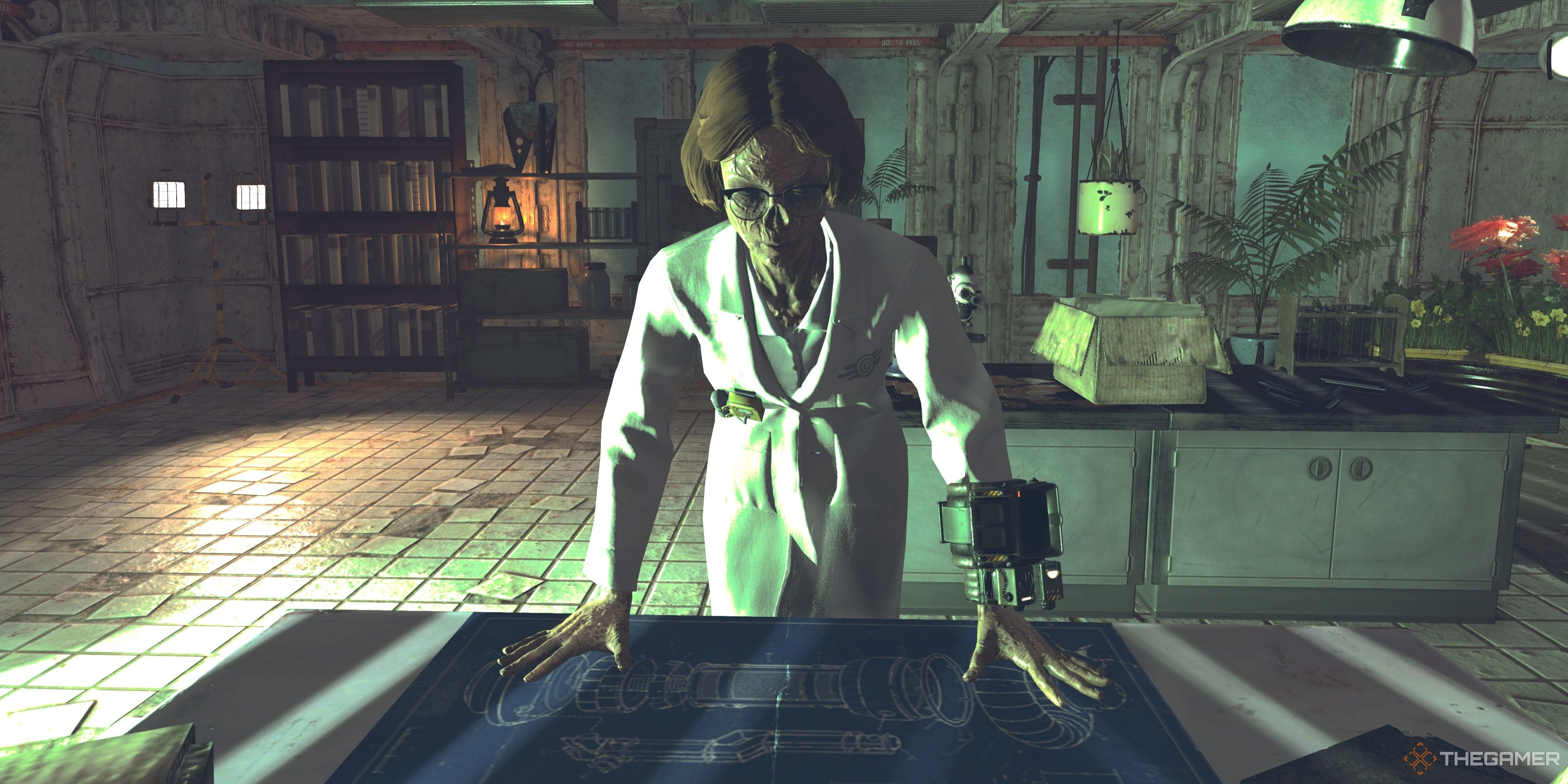 Audrey Stolz se encuentra junto al plano en la misión Buscando refugio en Fallout 76.