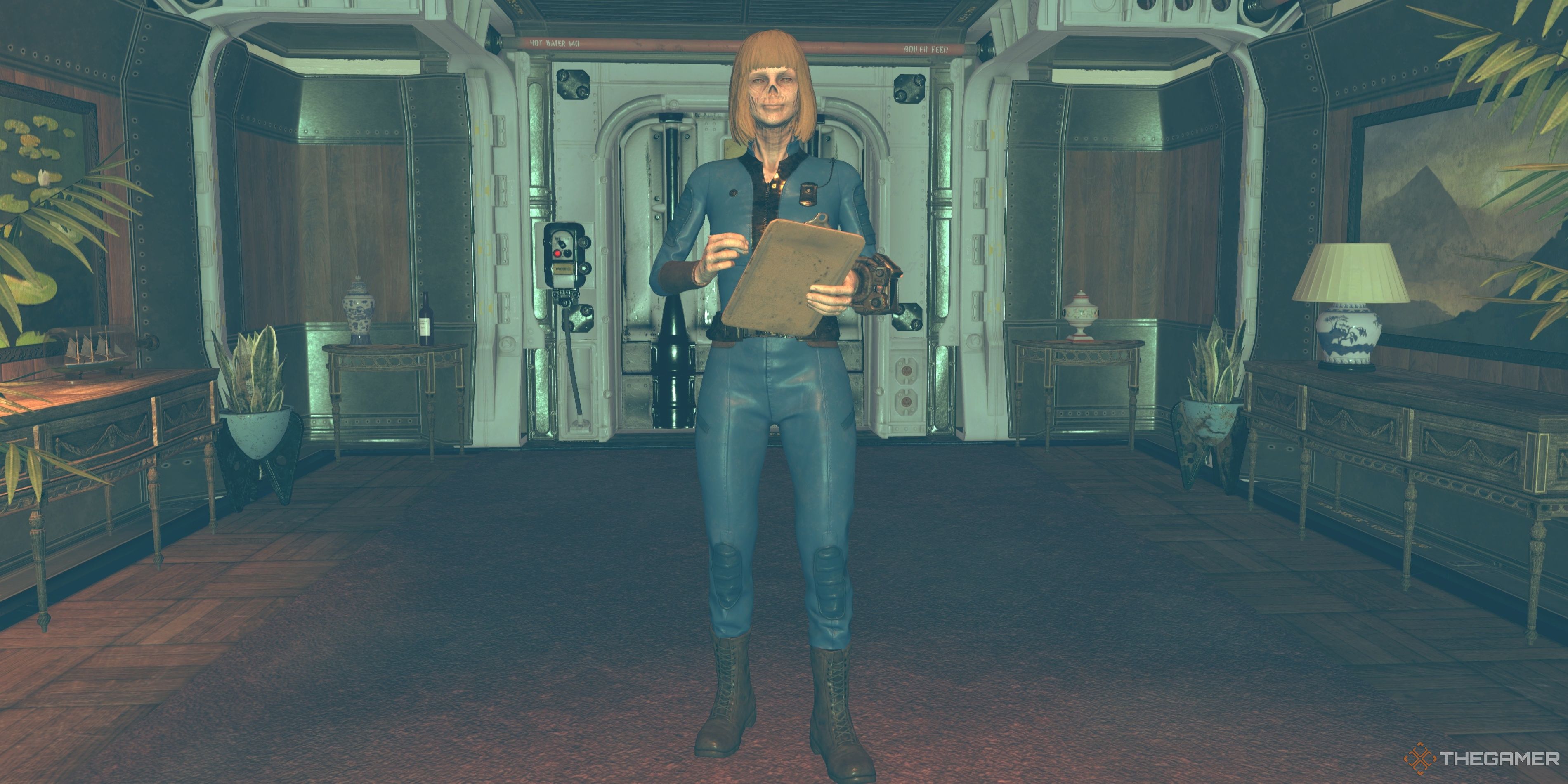 Hilda se encuentra con un portapapeles dentro de Dark Hallow Manor en Fallout 76.