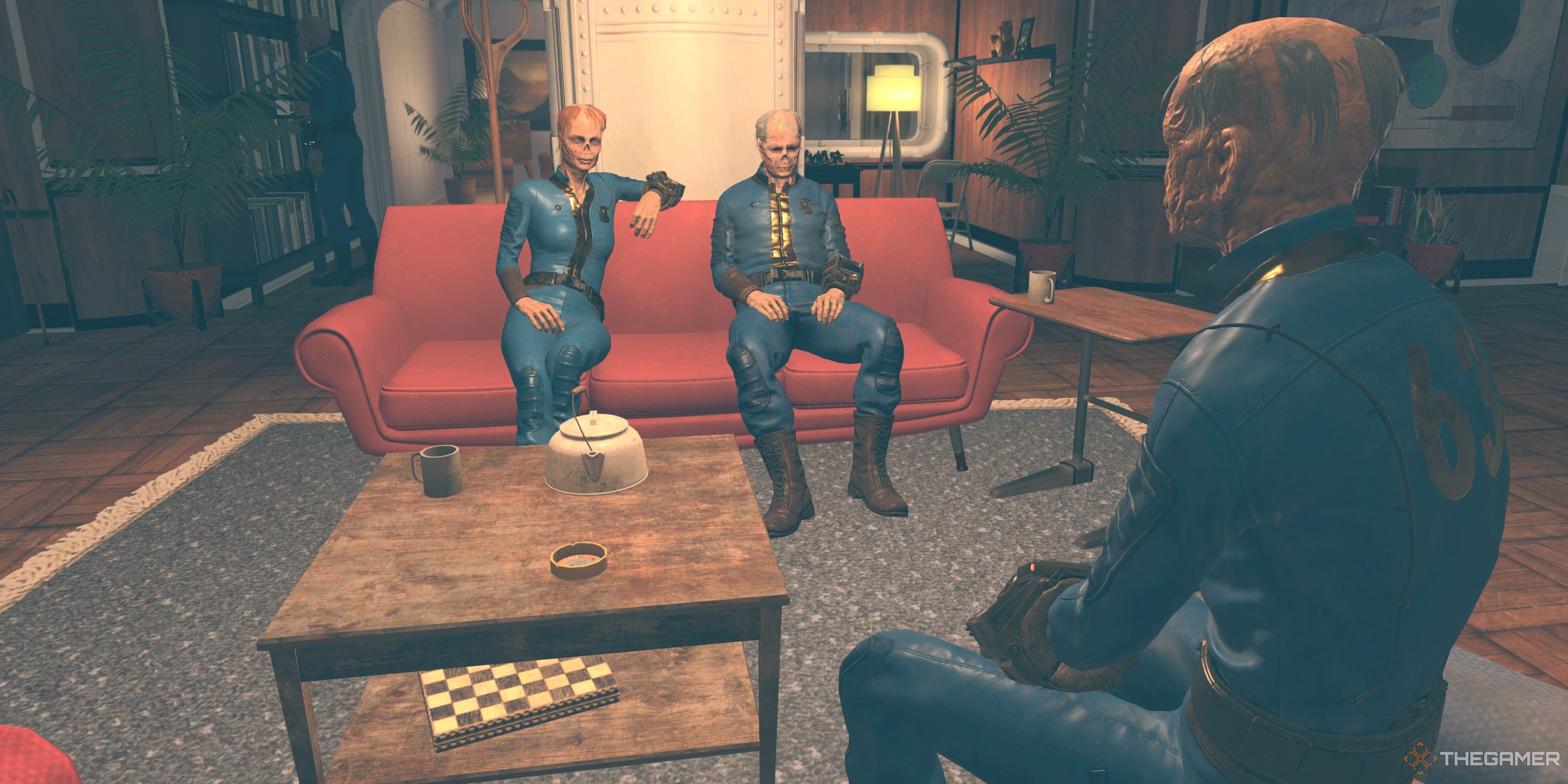 Los residentes de Vault 63 Ghoul descansando durante el servicio de limpieza en alquiler en Fallout 76.