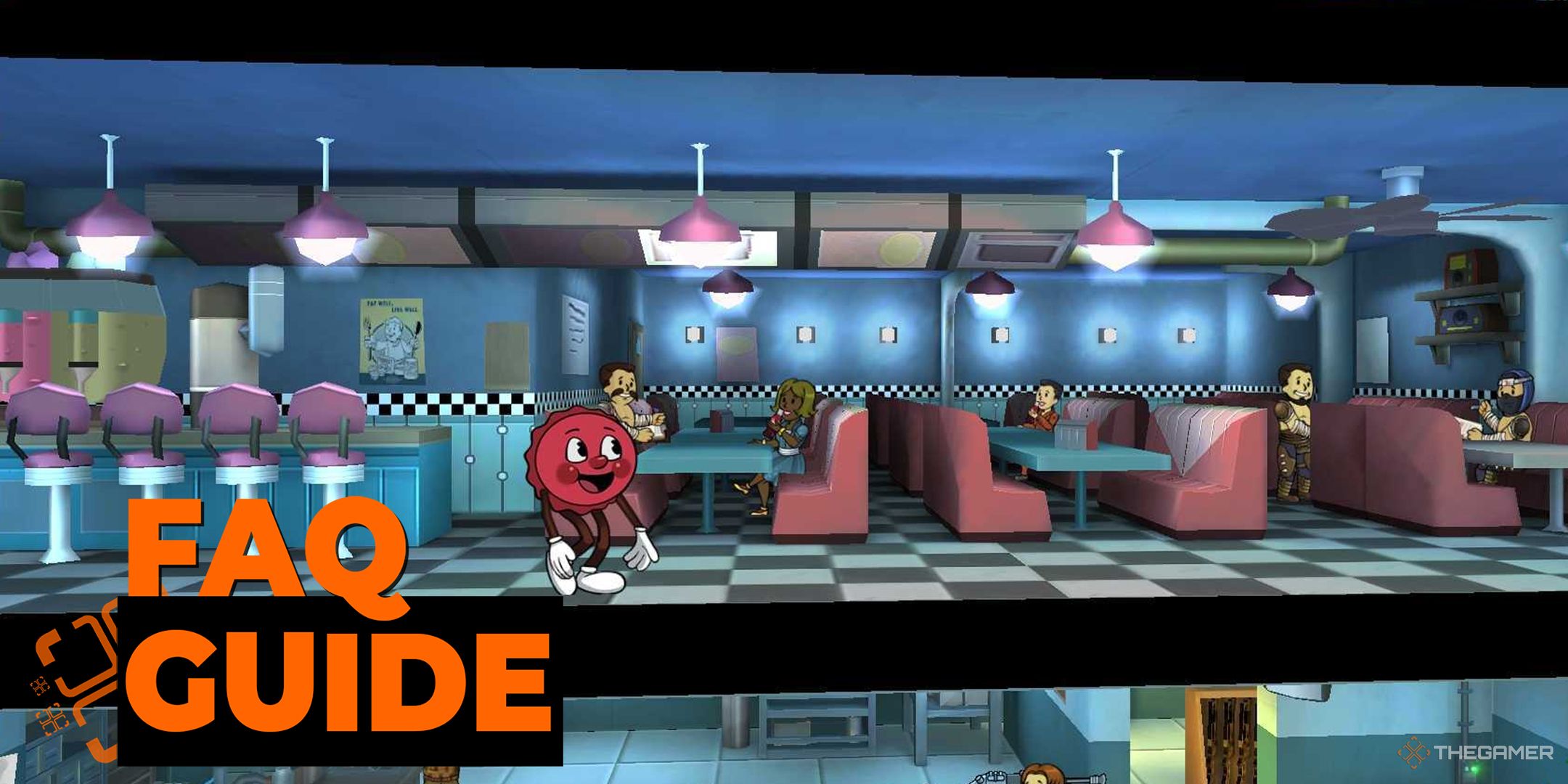 Un restaurante en Fallout Shelter con Cappy caminando a través de él y el logo de preguntas frecuentes en la parte superior. 