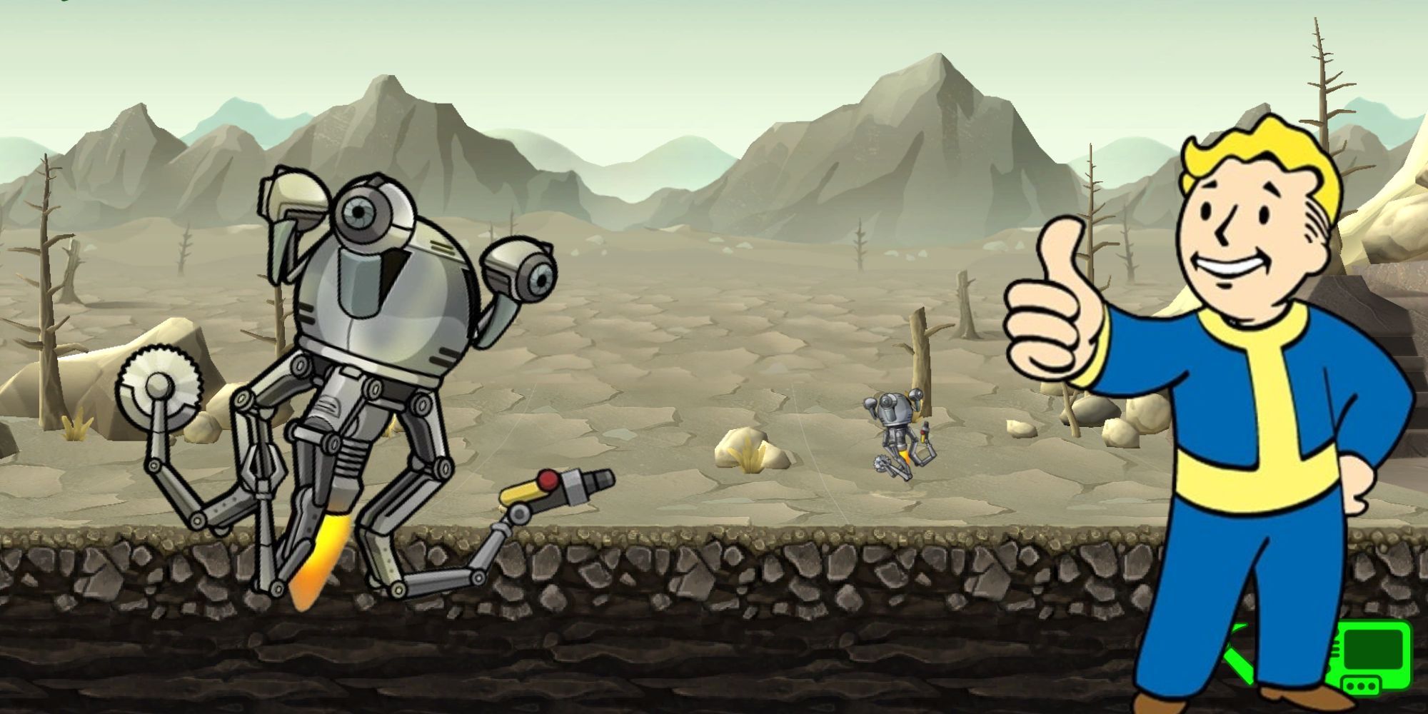 Un Sr. Handy abriéndose camino hacia Wasteland, con otro Sr. Handy a la izquierda y un Vault Boy a la derecha en Fallout Shelter.