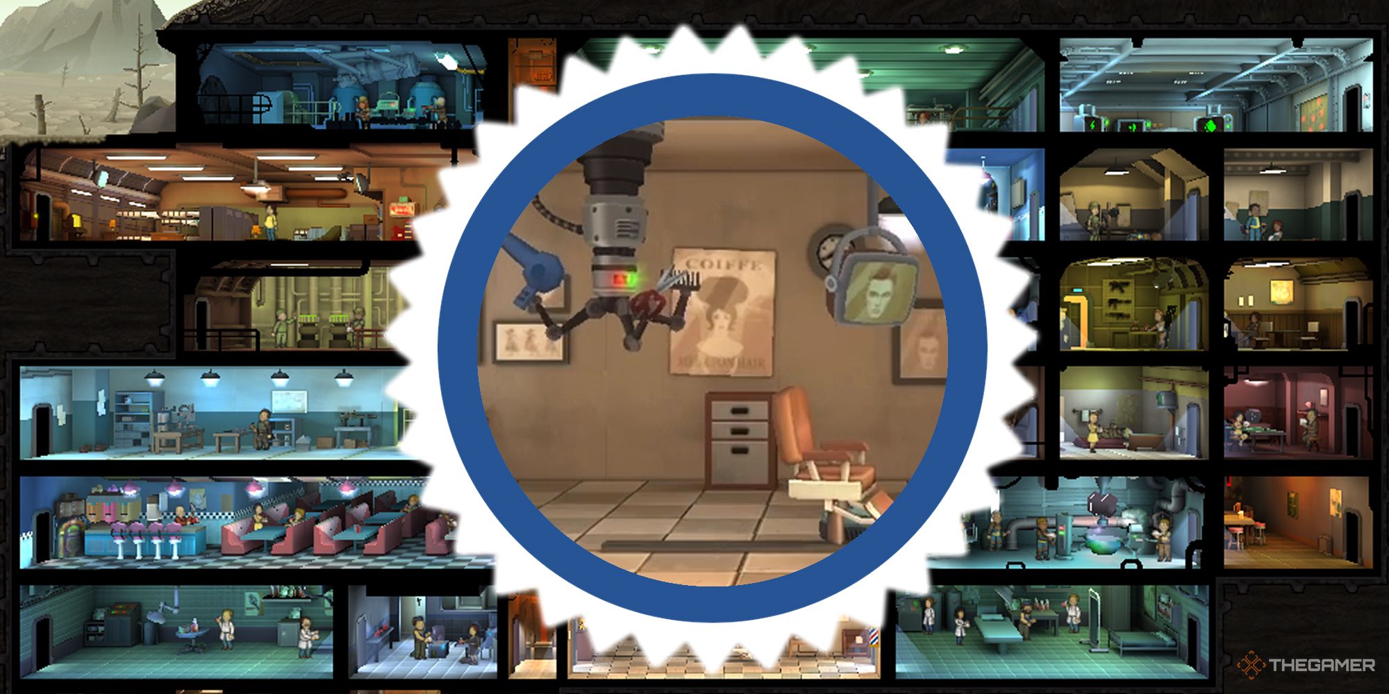 Barbería de Fallout Shelter en un emblema sobre un diseño de Vault