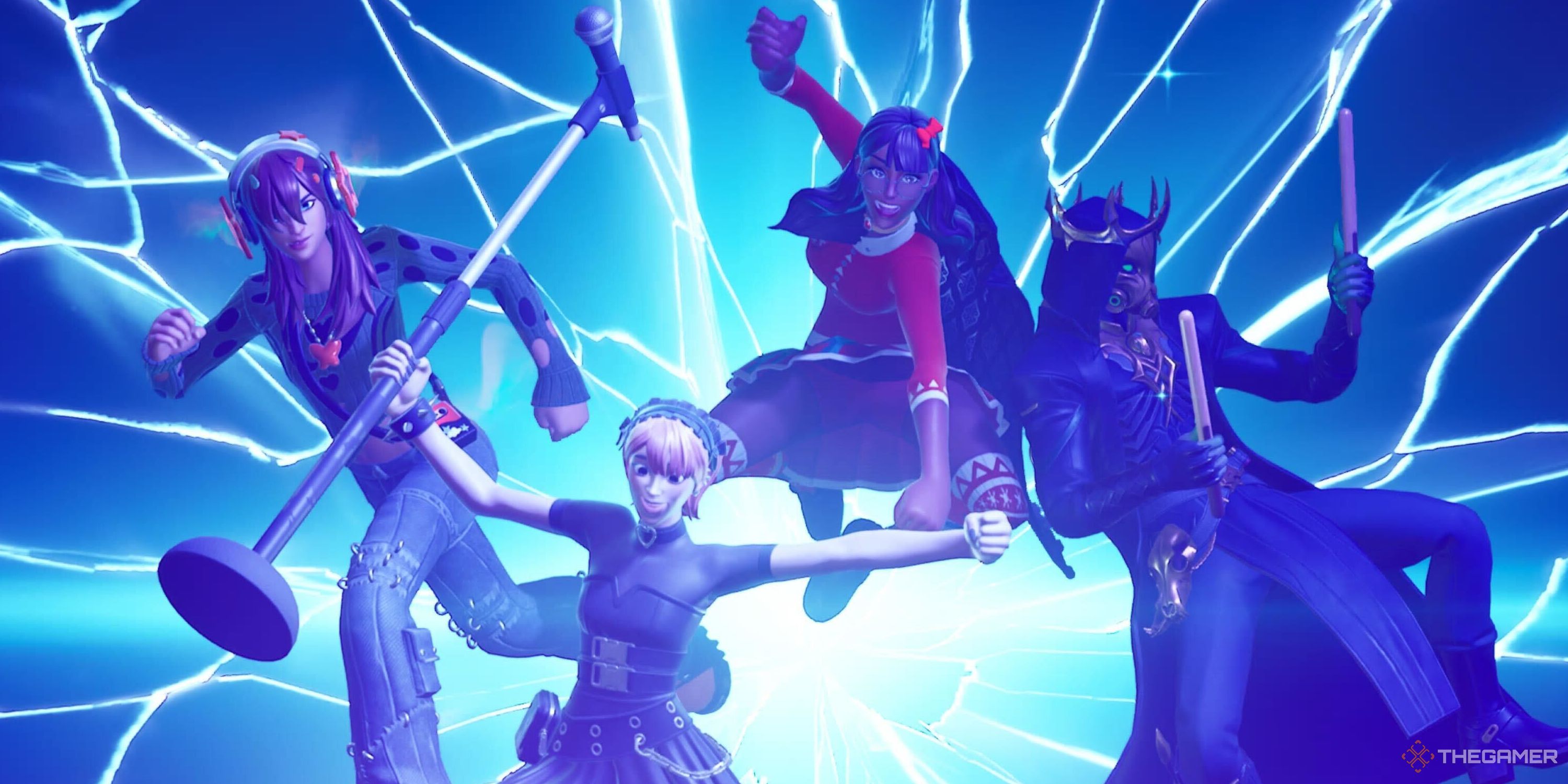 Una captura de pantalla del Fortnite Festival que muestra a tres jugadores como miembros de una banda subiendo al escenario desde una grieta detrás de ellos, mientras sostienen sus instrumentos.
