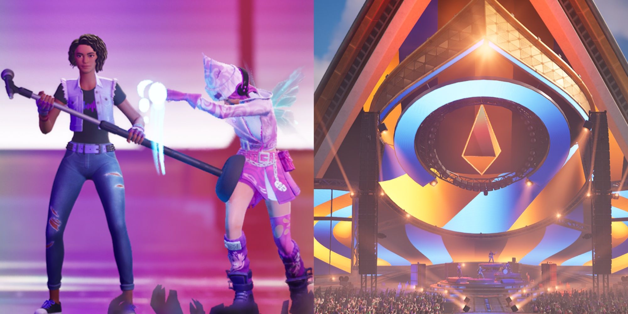 Un collage de dos miembros de la banda uno al lado del otro después de completar una canción y uno de los escenarios en Fortnite Festival.