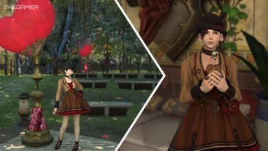 Final Fantasy 14 collage of a player wearing the Valentione Emissary's dress and another image of them eating heart-shaped chocolate.