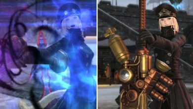 A pair of images depicting a Final Fantasy 14 Dark Knight