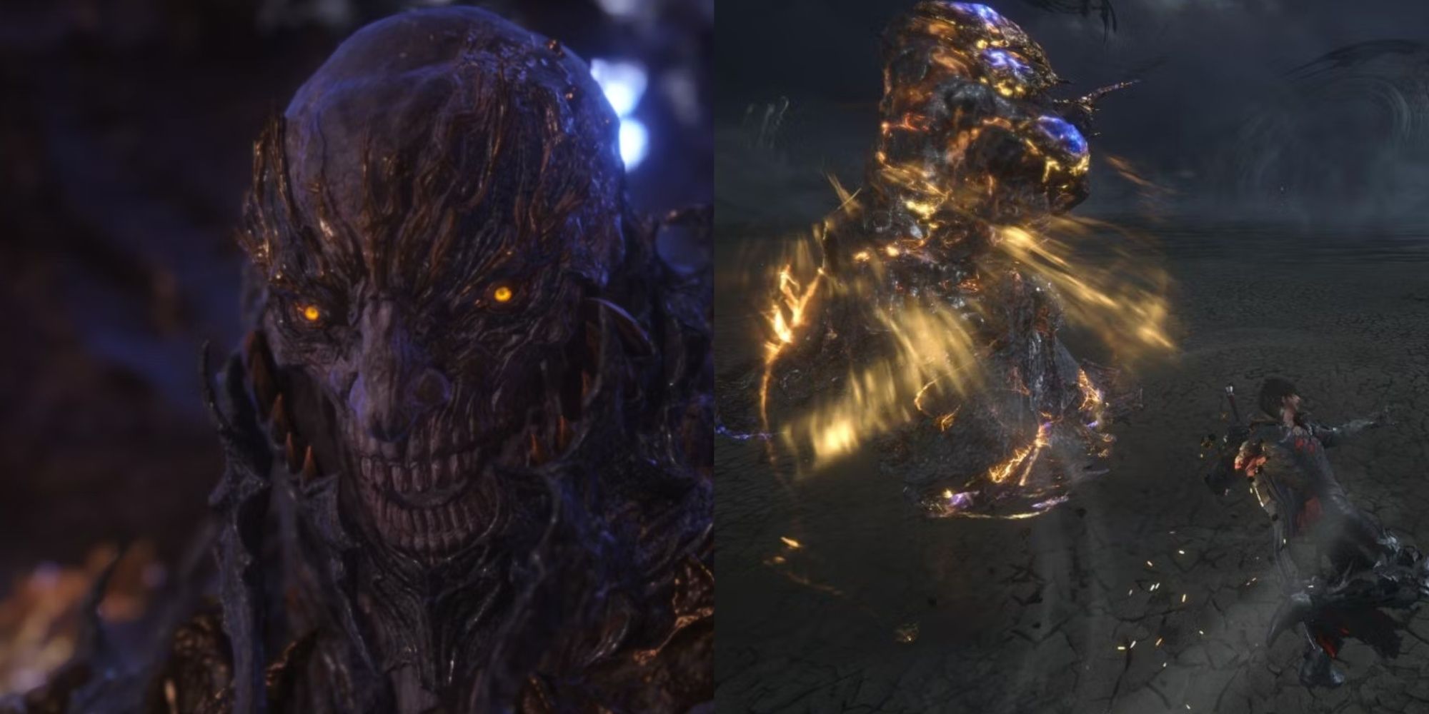 La cara de Titán en una escena junto a Clive usando las habilidades de Titán Eikon de FF16