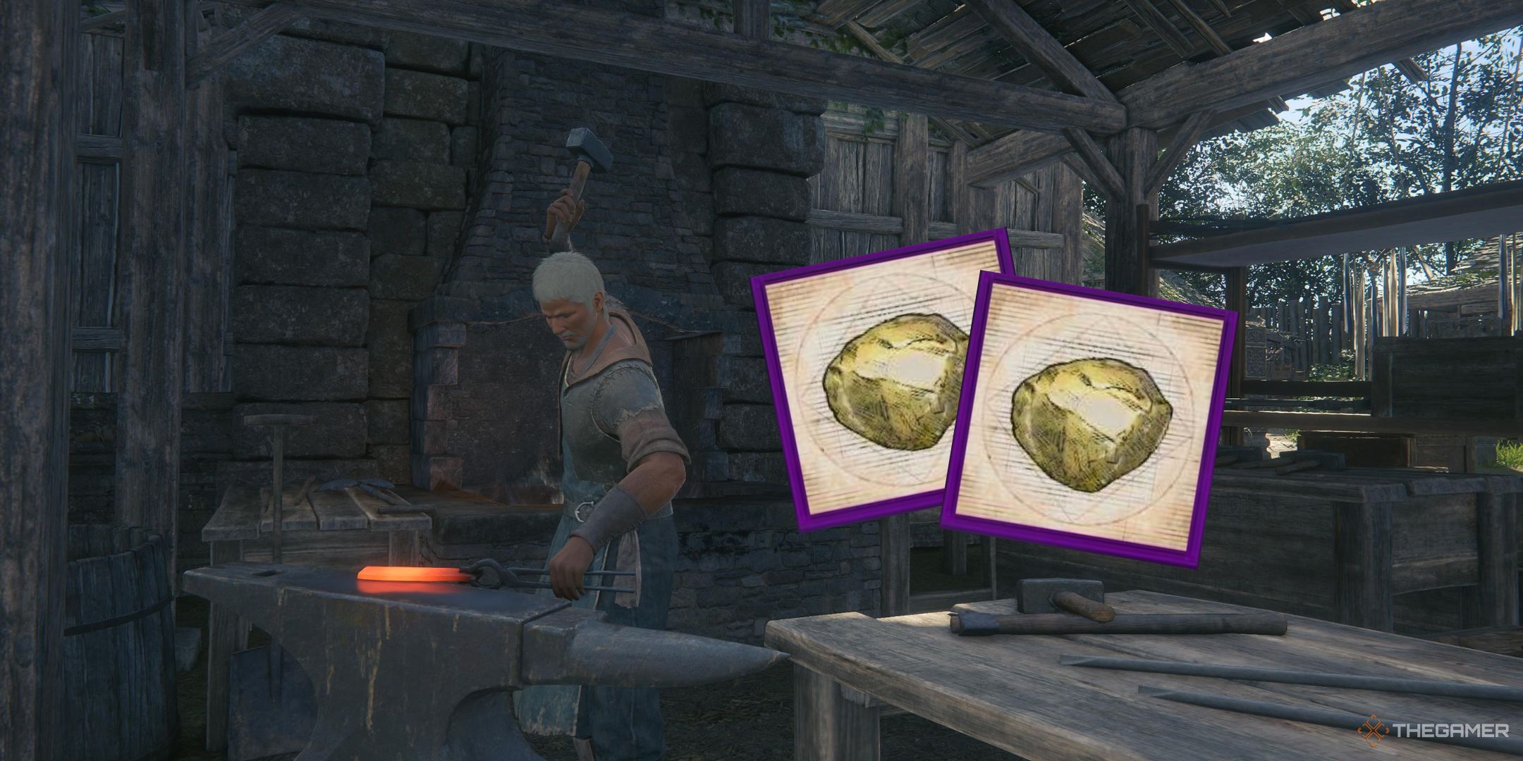 El herrero en la forja de Haven trabajando, mientras que dos imágenes de Fool's Gold están a un lado en Final Fantasy 16.