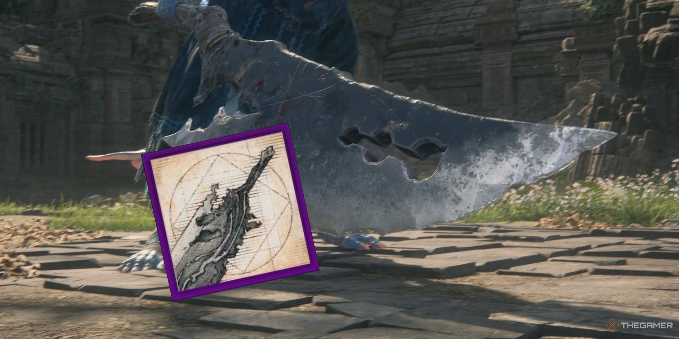 El Maestro Tonberry blandiendo su cuchillo con una imagen del arma Tonberry Knife superpuesta en la parte superior en Final Fantasy 16.