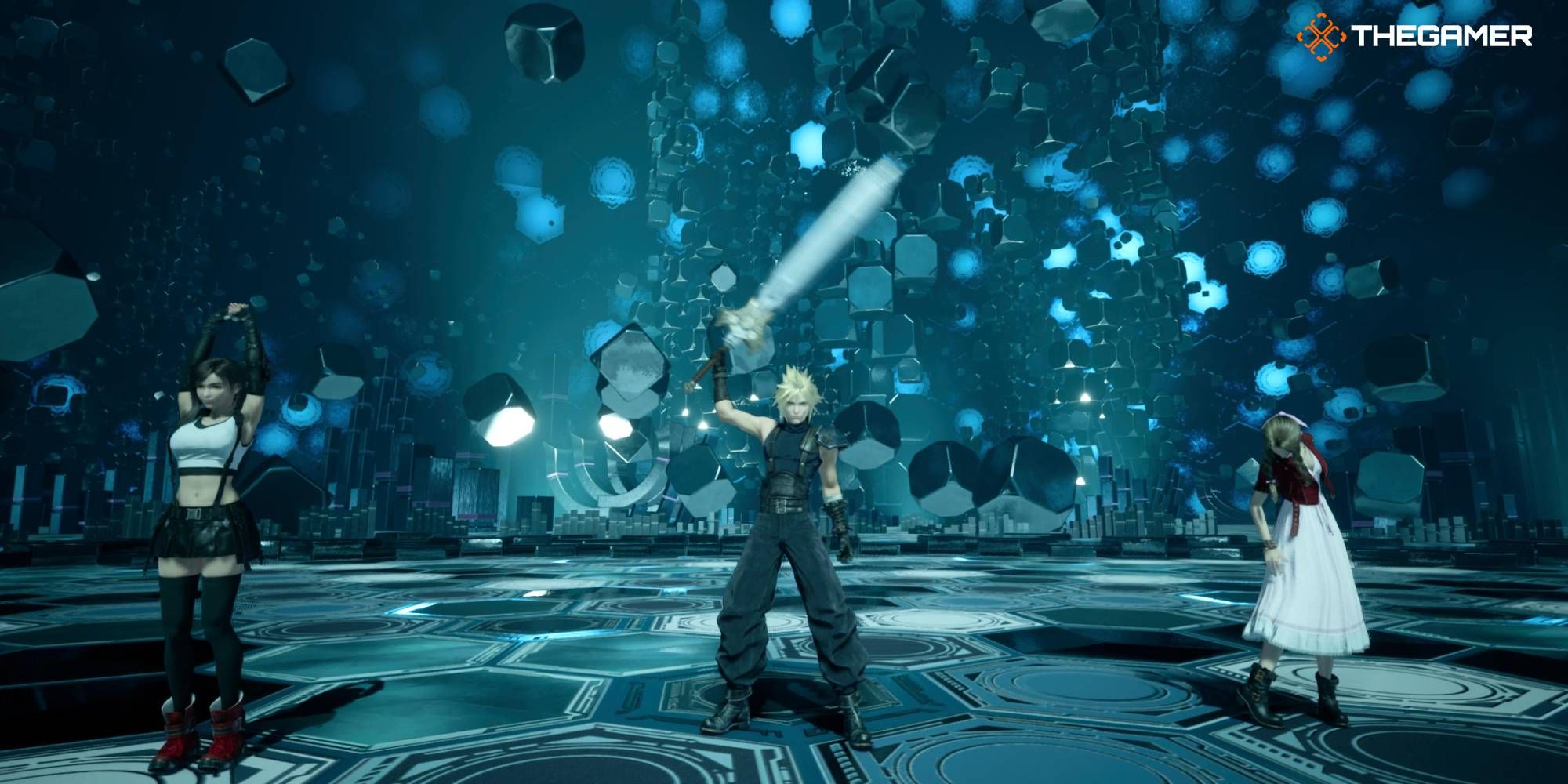Imagen de portada de Combat Tips de Cloud Aerith y Tifa celebrando la victoria
