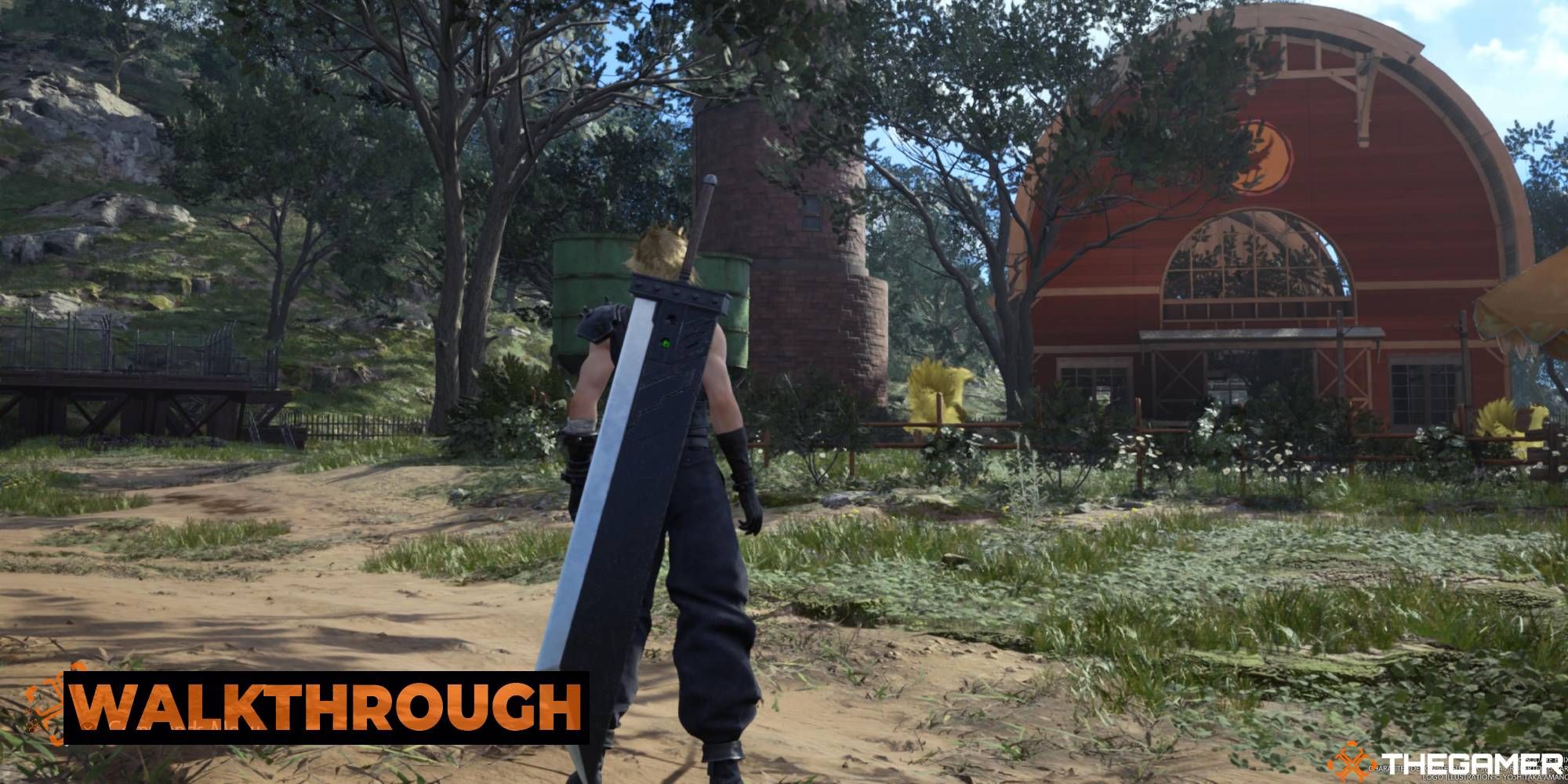 Imagen destacada de Cloud acercándose al Rancho Chocobo de Bill en FF7 Rebirth